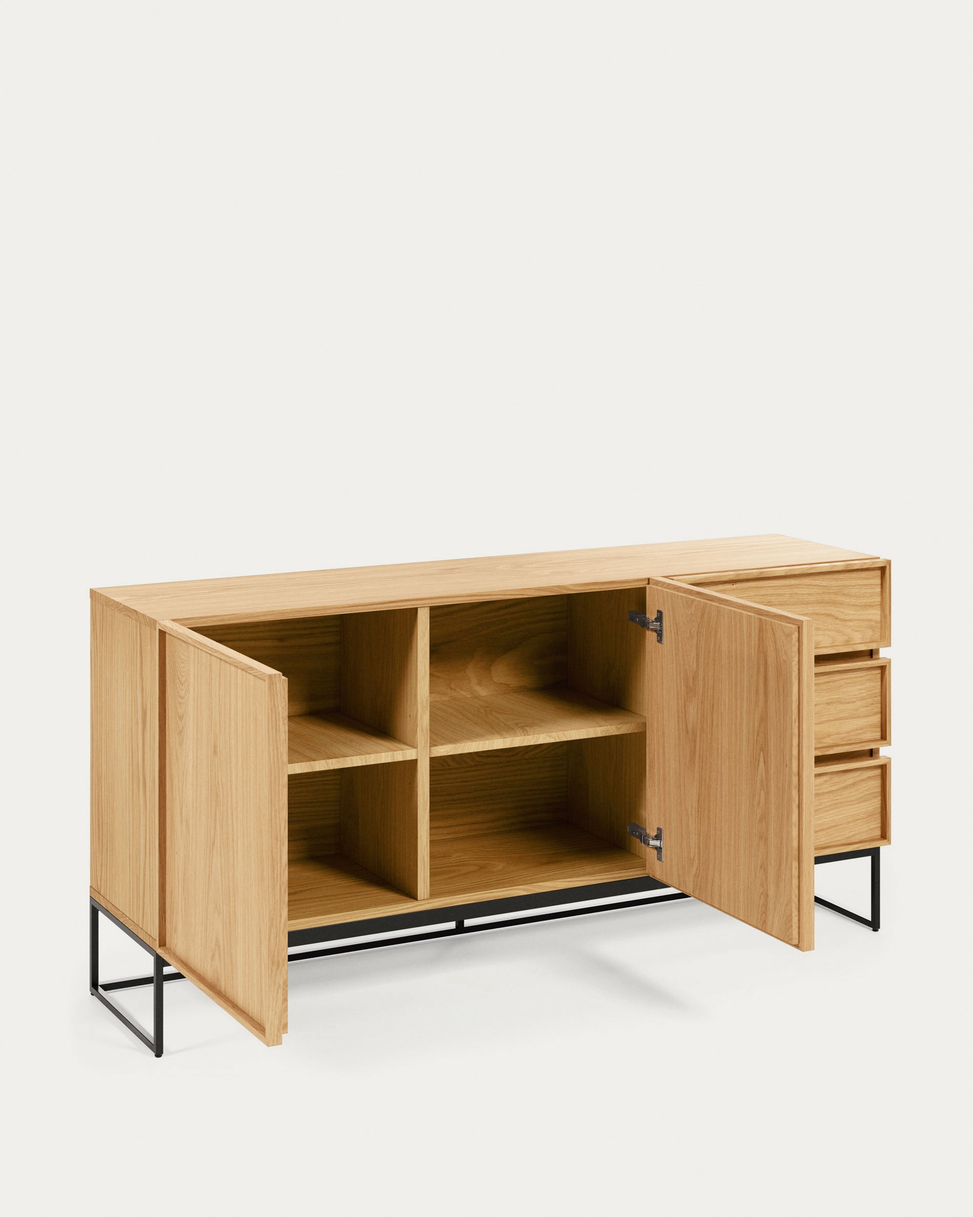 Taiana 2 door 3 drawer sideboard in oak veneer with black steel structure, 160 x 78 cm - Product View