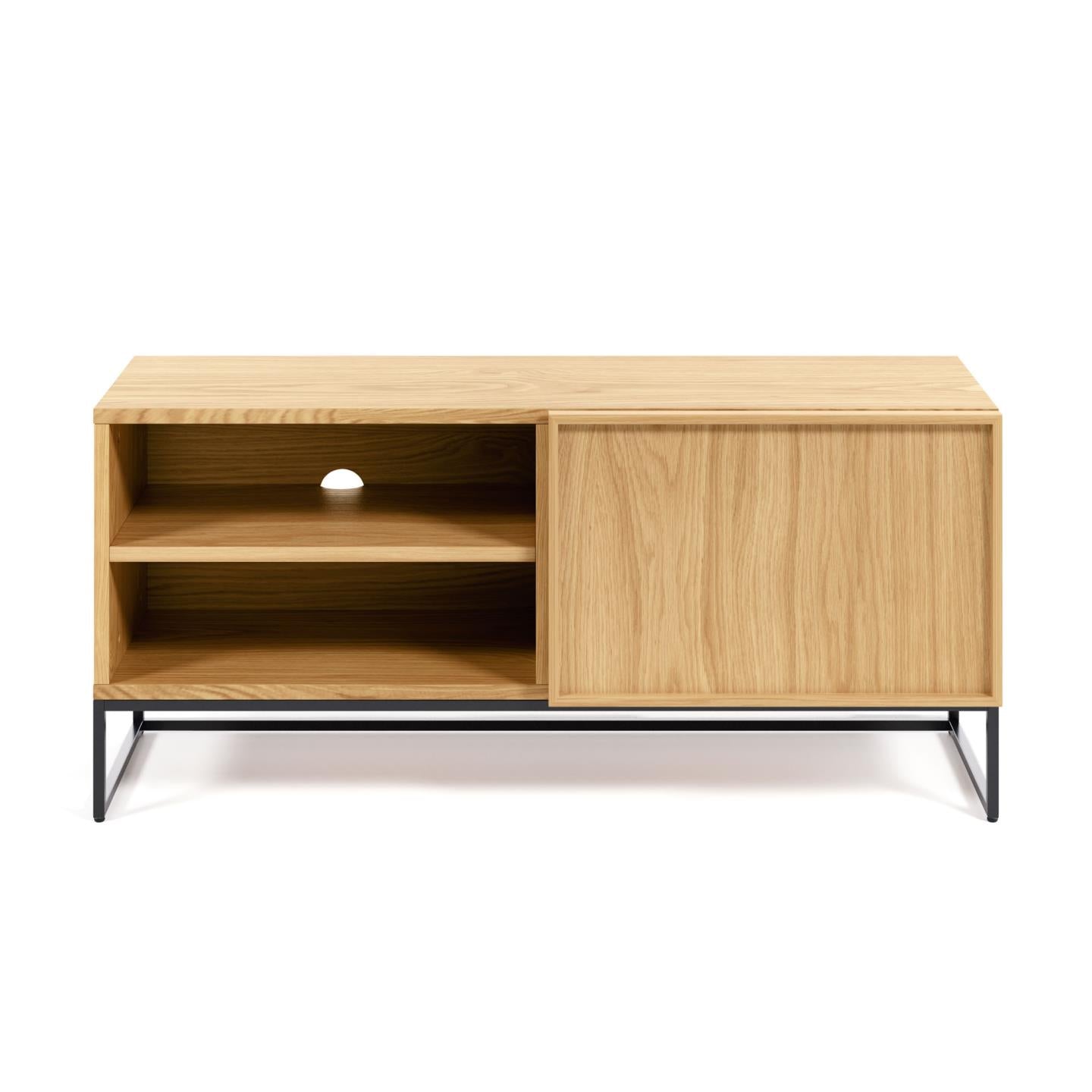 Taiana single door TV stand with oak veneer and steel frame in black finish, 112 x 51 cm - Product Image