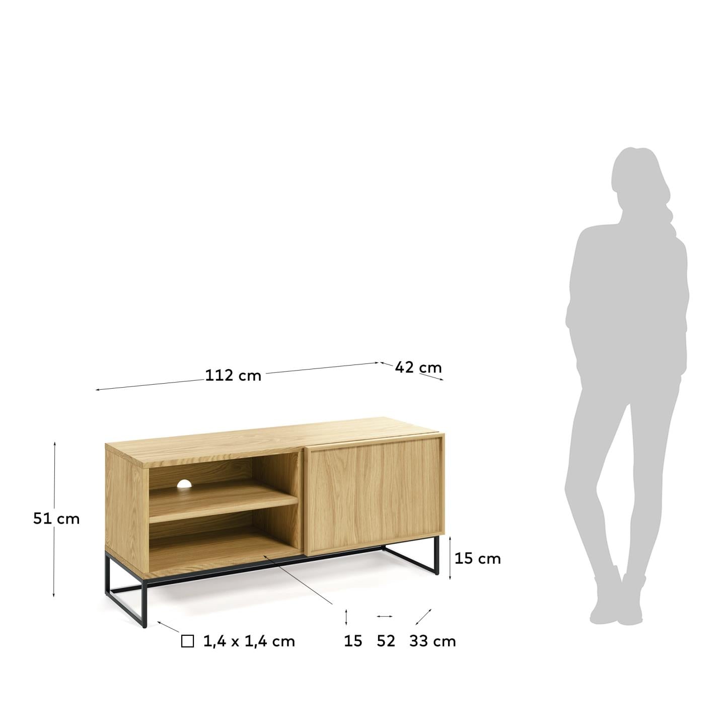 Taiana single door TV stand with oak veneer and steel frame in black finish, 112 x 51 cm - Measurements