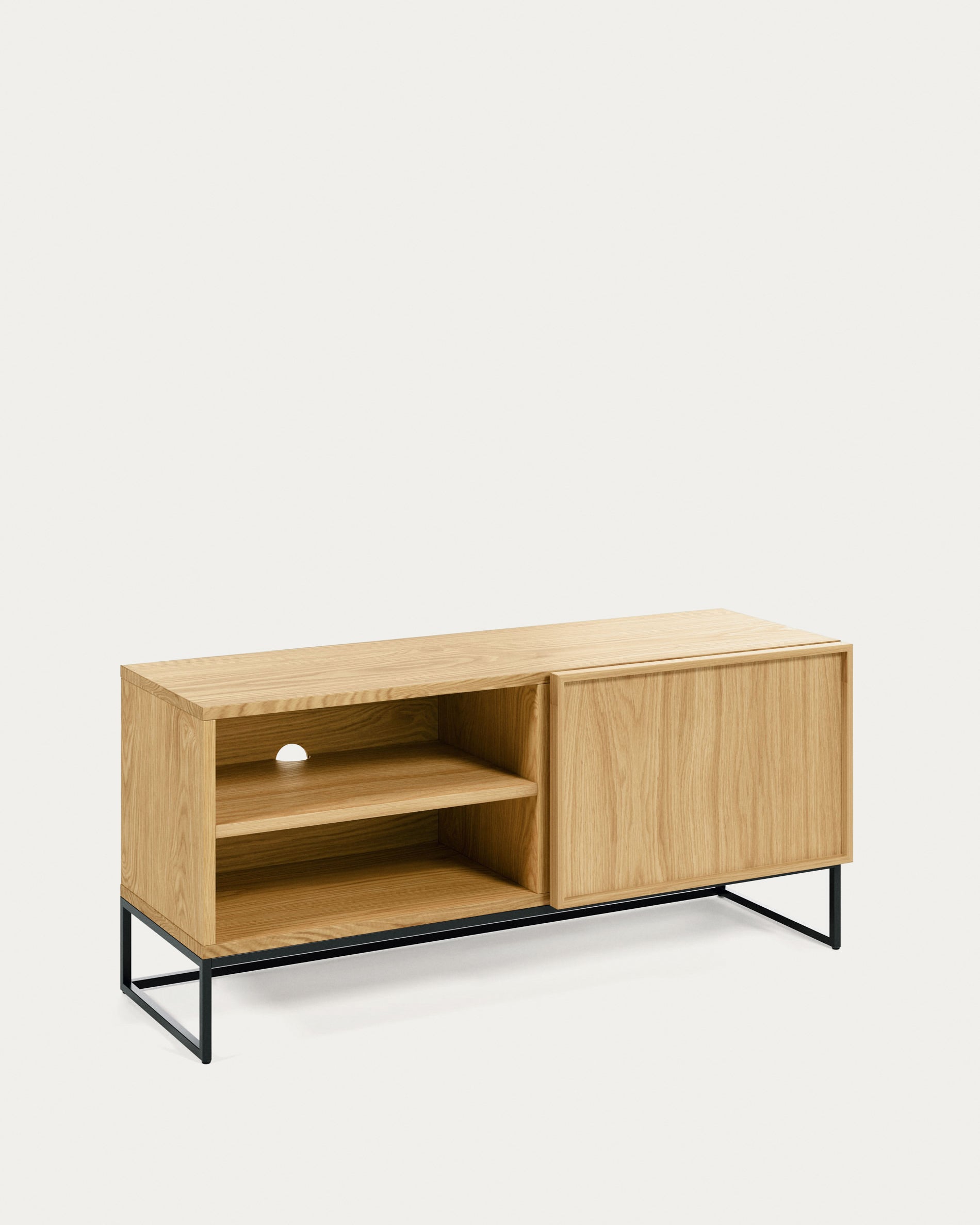 Taiana single door TV stand with oak veneer and steel frame in black finish, 112 x 51 cm - Product View