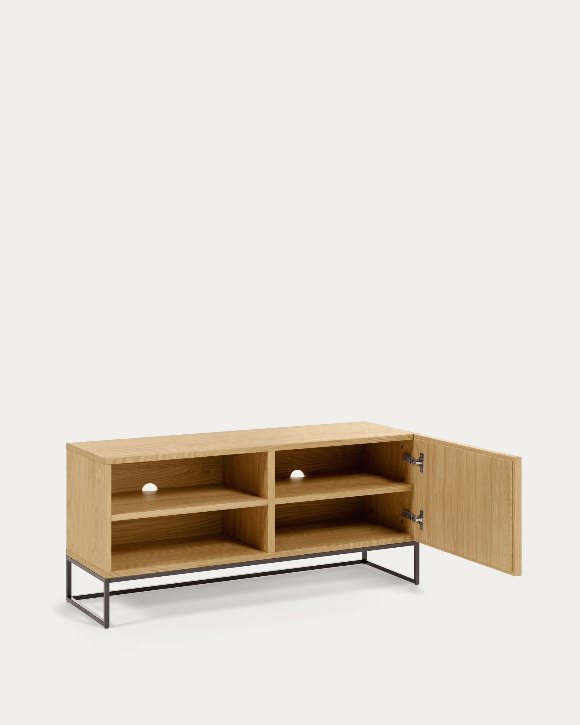 Taiana single door TV stand with oak veneer and steel frame in black finish, 112 x 51 cm - Product View