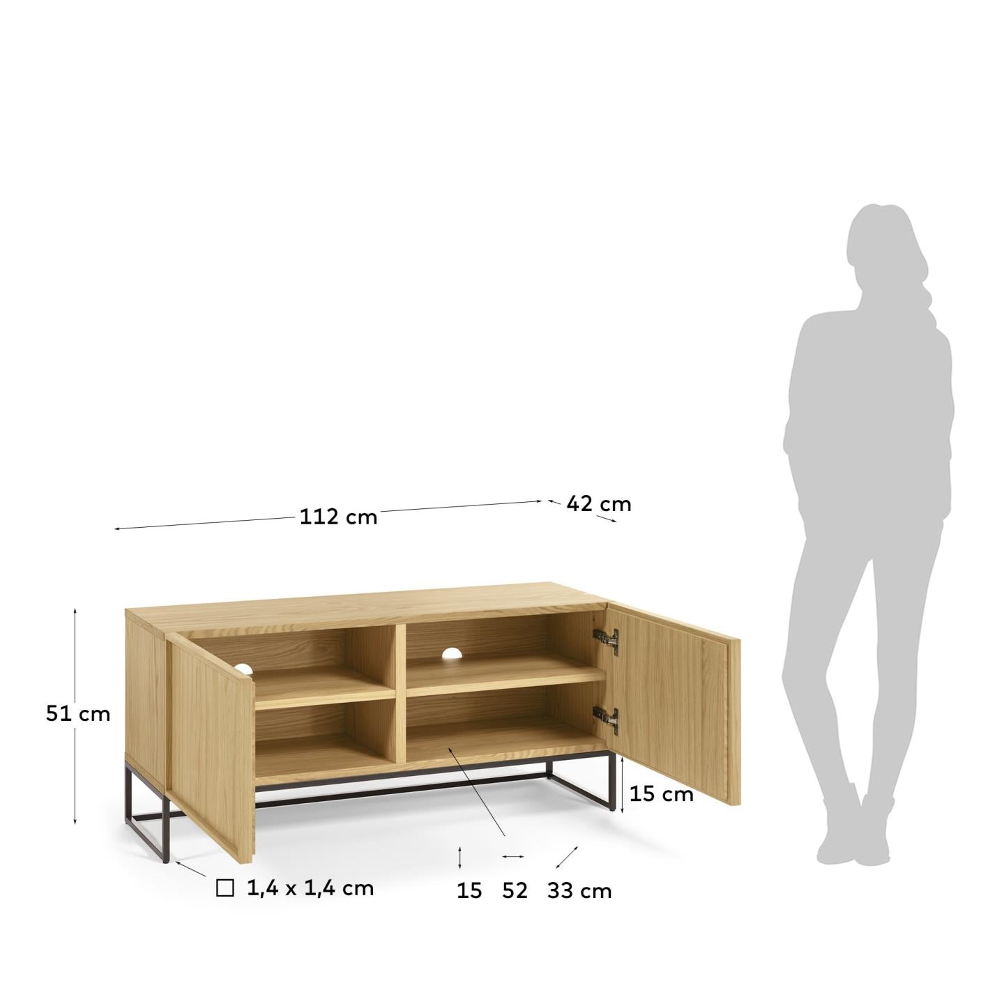 Taiana 2 door TV stand with oak veneer and steel frame in black finish, 112 x 51 cm - Measurements