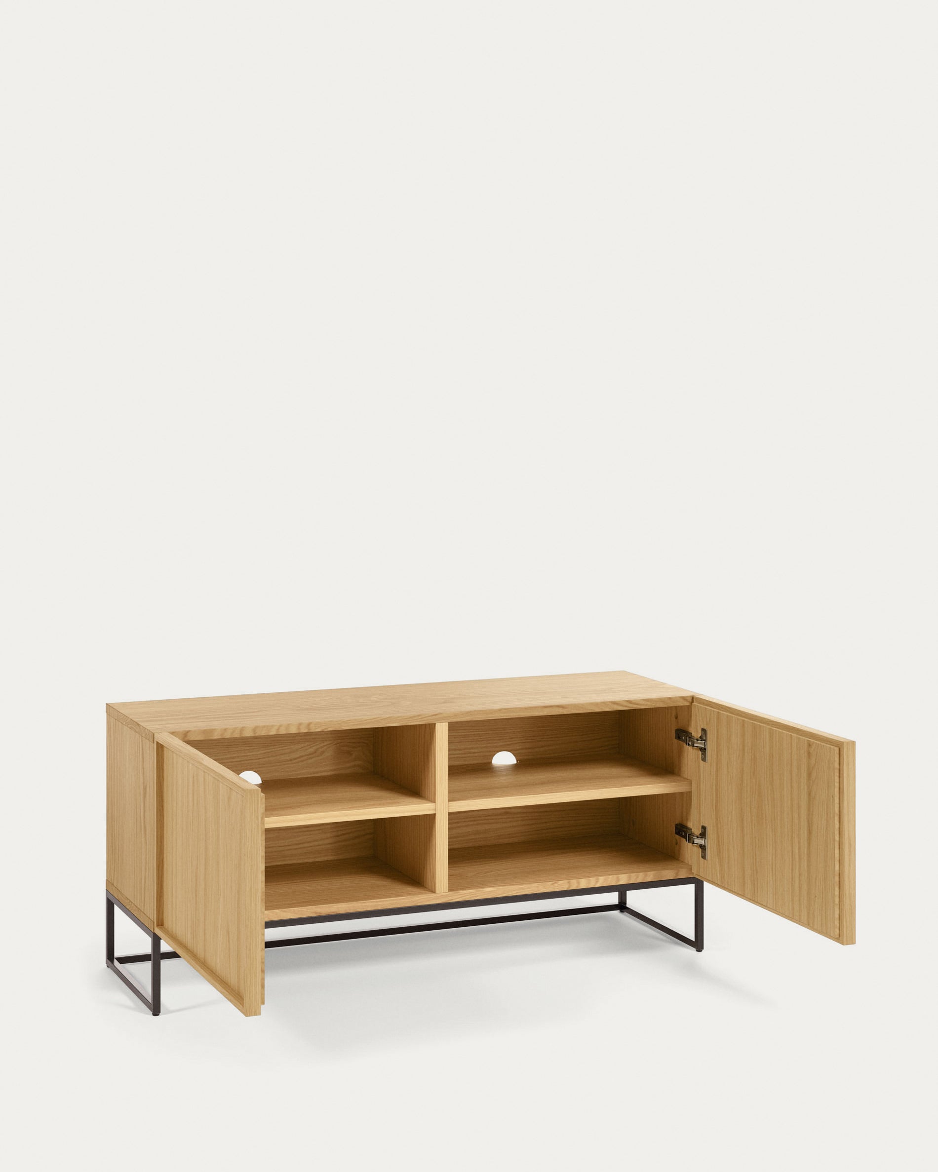 Taiana 2 door TV stand with oak veneer and steel frame in black finish, 112 x 51 cm - Product View
