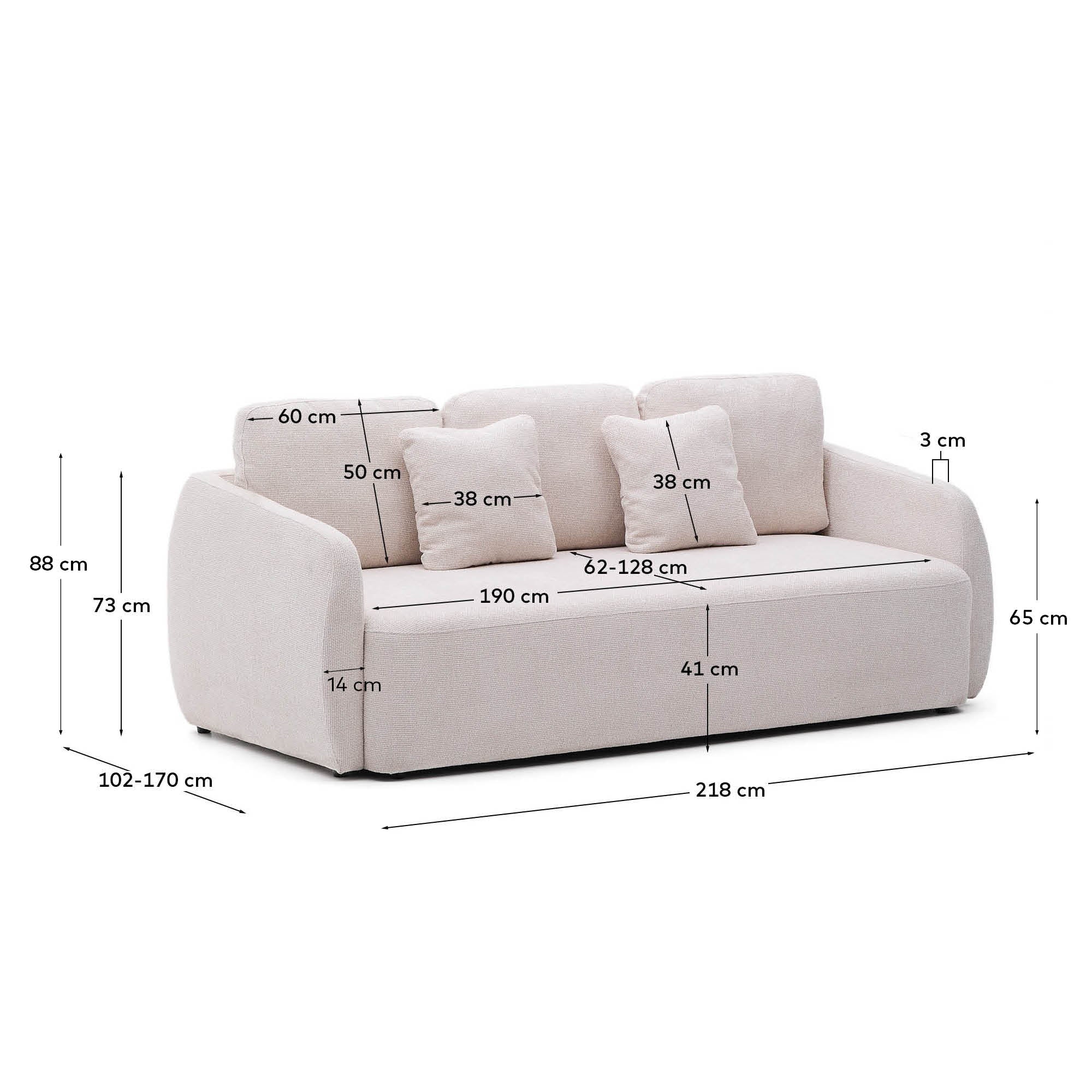 Laira 3-seater sofa bed in ecru chenille 218cm FSC Mix Credit - Measurements