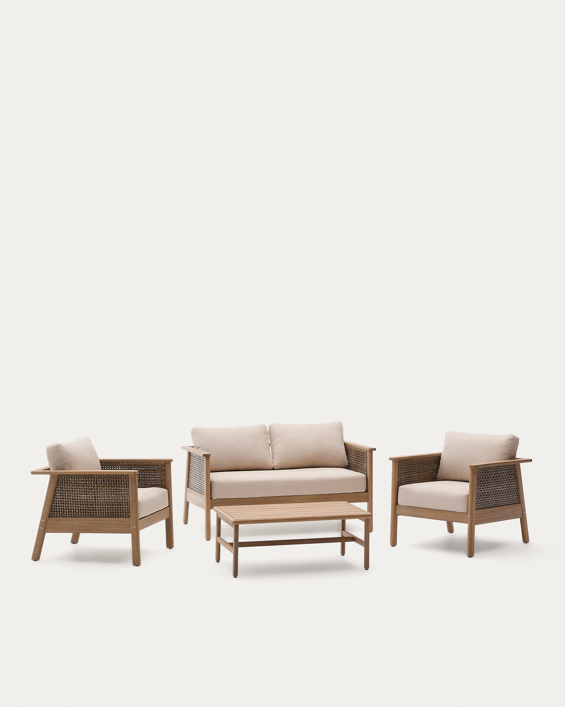 Alabe set consisting of a 2-seater sofa, 2 armchairs and a coffee table, made of 100% FSC acacia wood