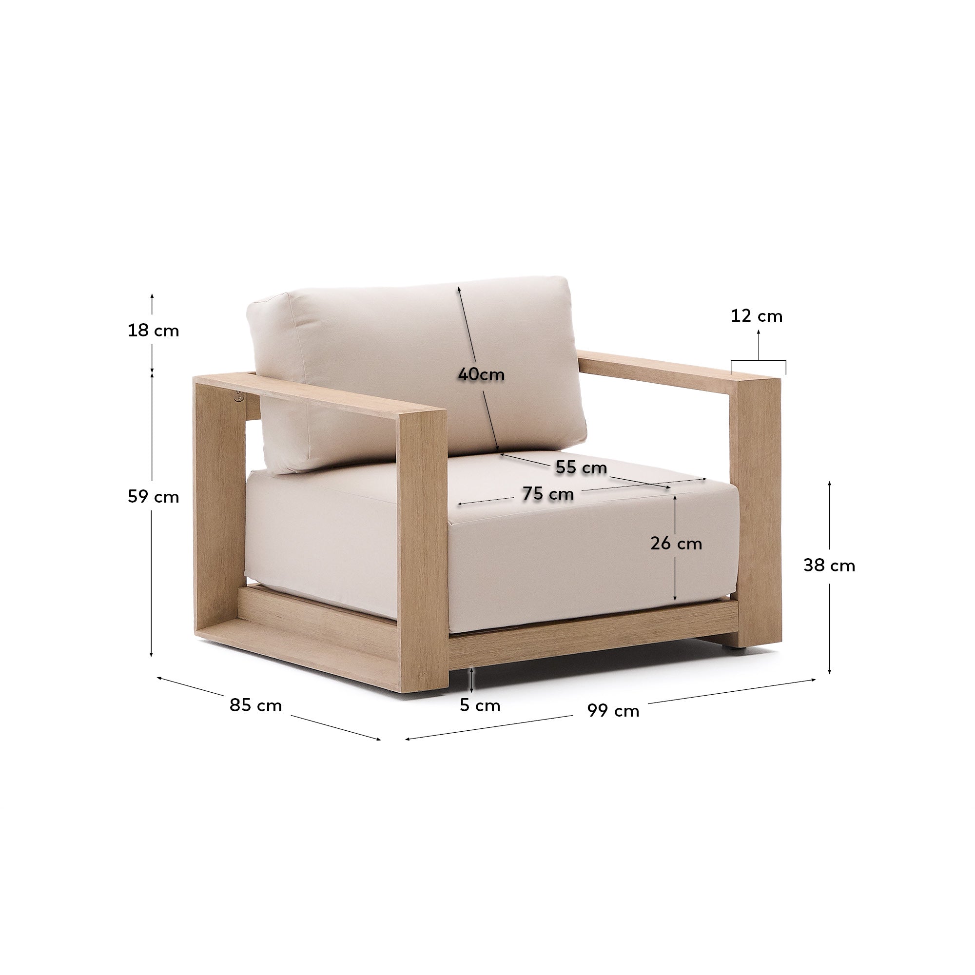 Ambra armchair in solid acacia wood with light finish FSC 100% - Measurements
