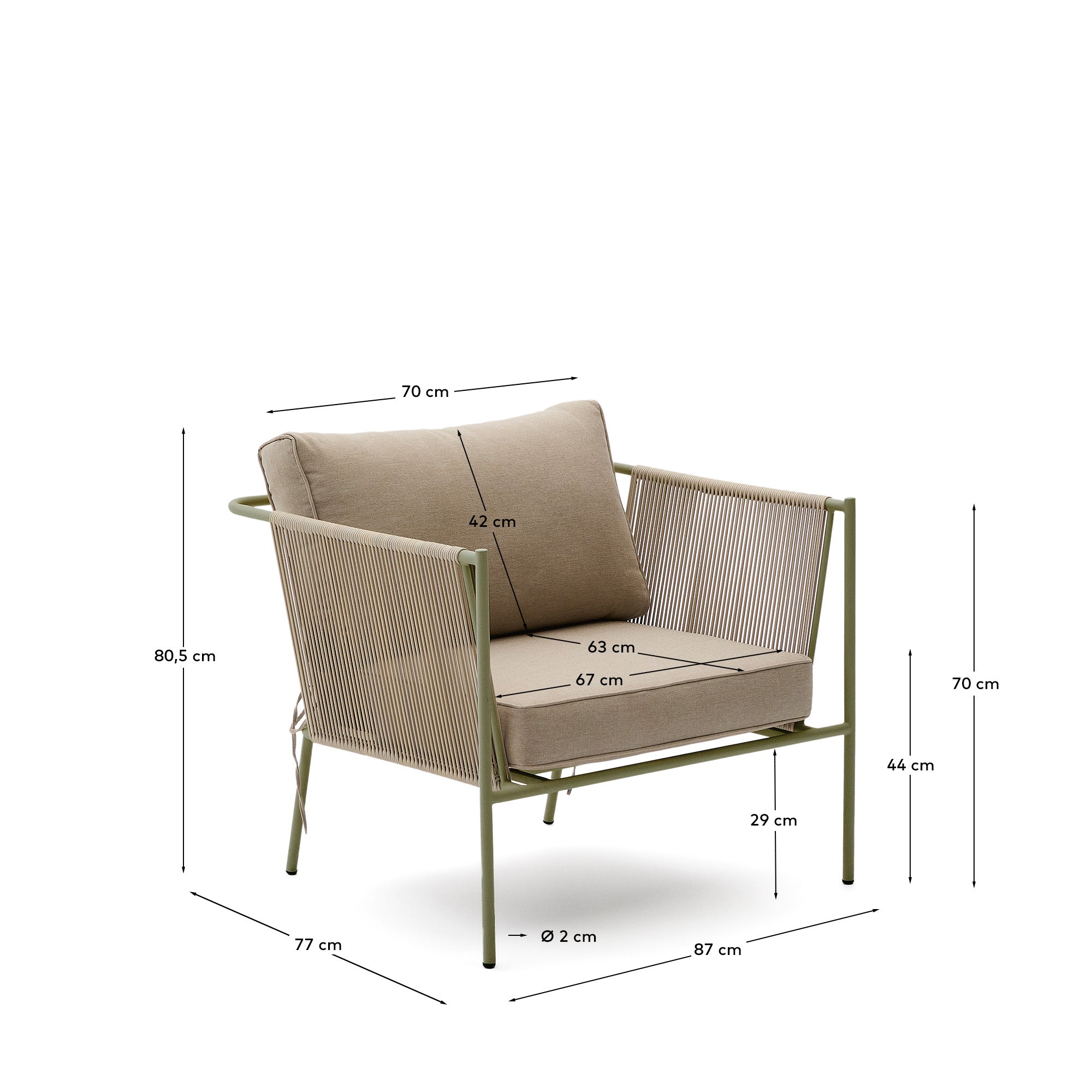 Zivia outdoor armchair in ecru rope cord and green galvanised steel - Measurements