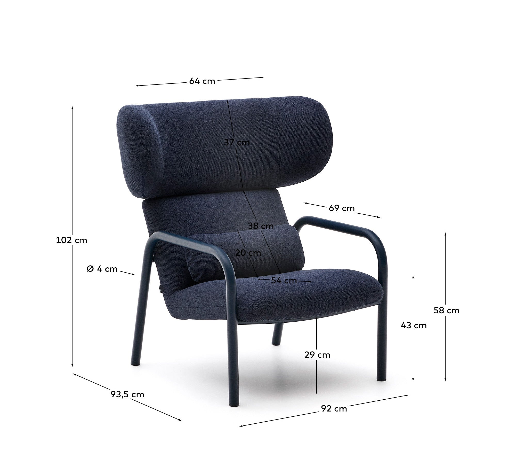 Inari armchair in blue with blue painted steel finish FSC Mix Credit - Measurements