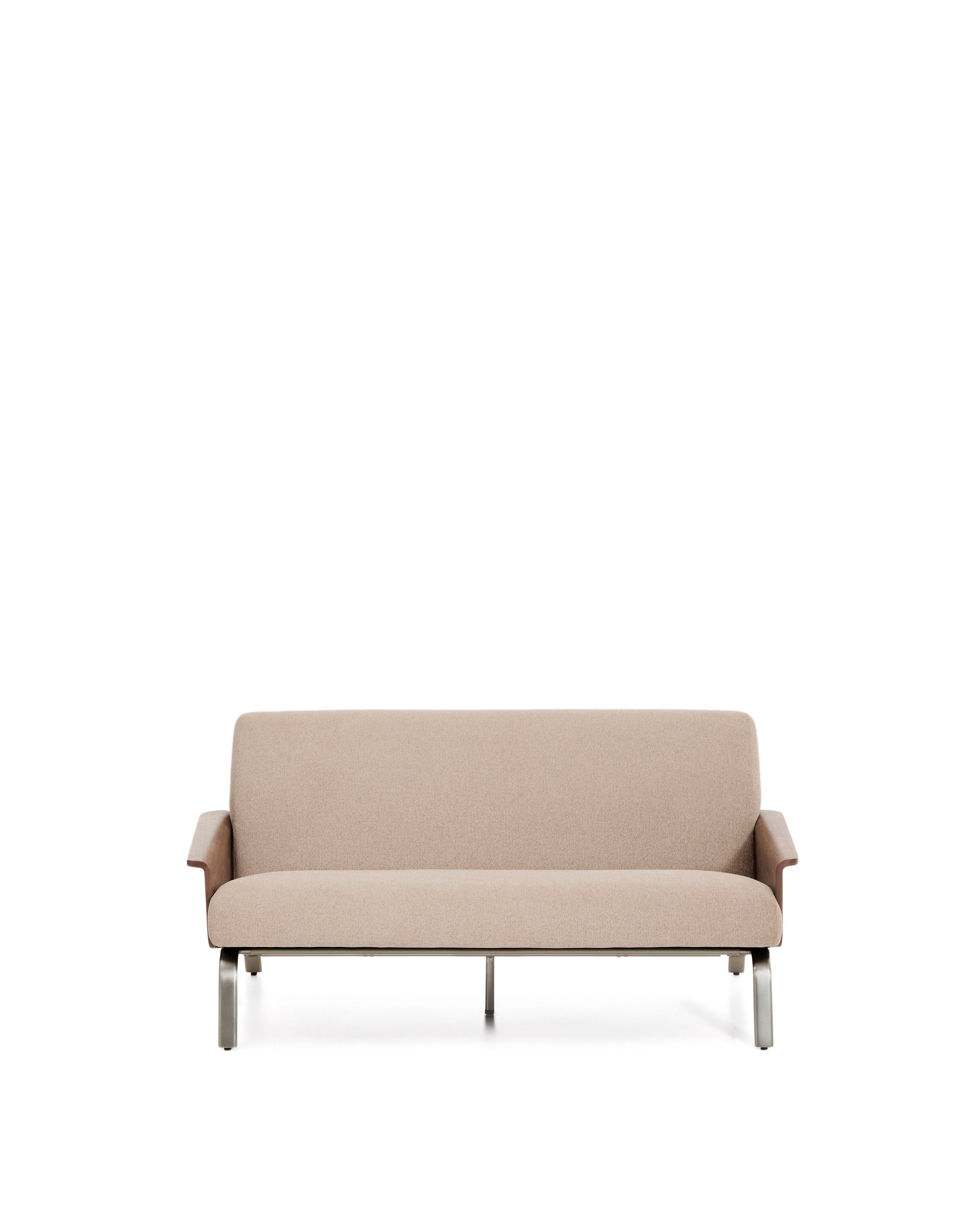 Amsen light brown 2-seater sofa in walnut plywood with brushed stainless steel legs 150cm - Product Image