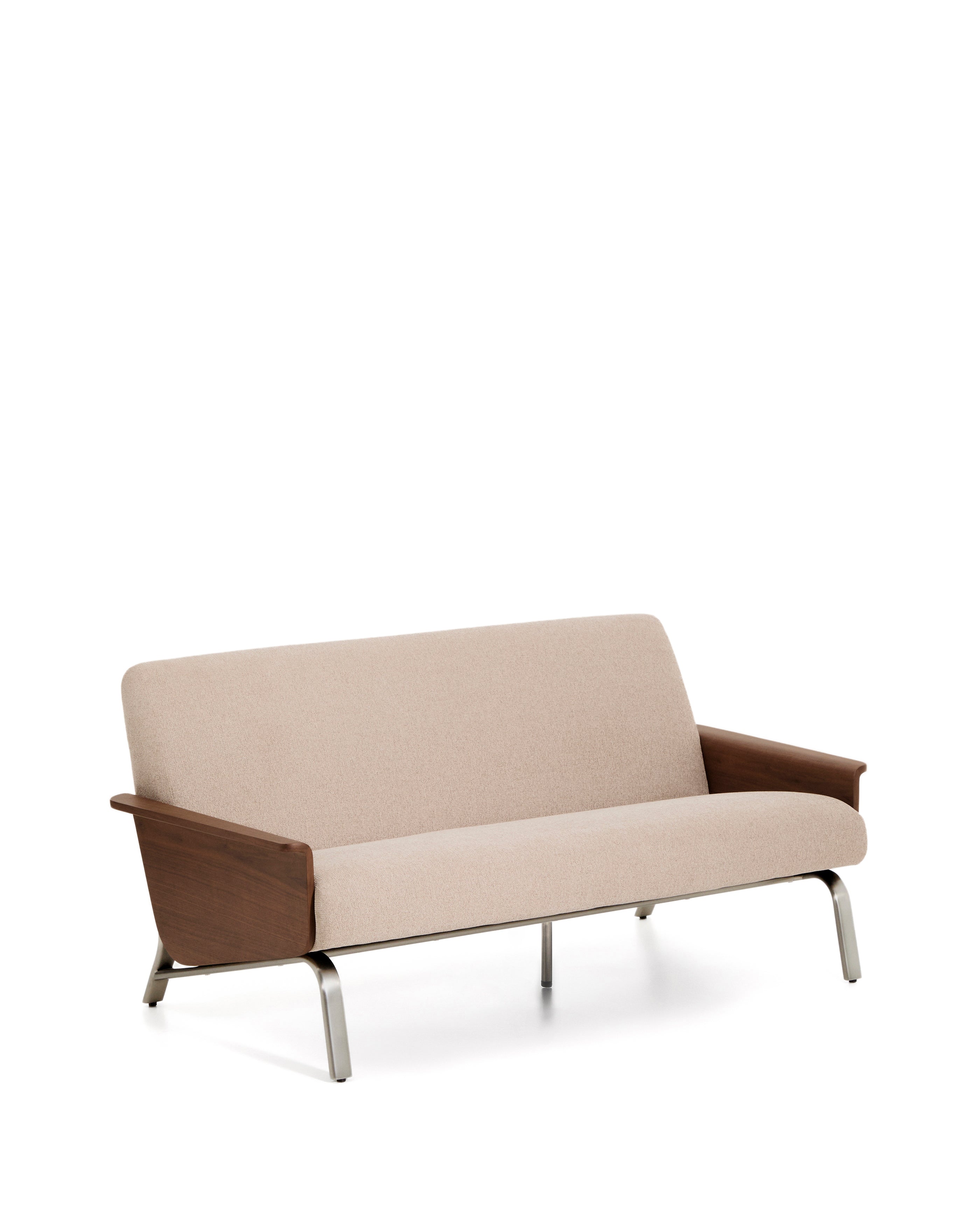 Amsen light brown 2-seater sofa in walnut plywood with brushed stainless steel legs 150cm - Product Image