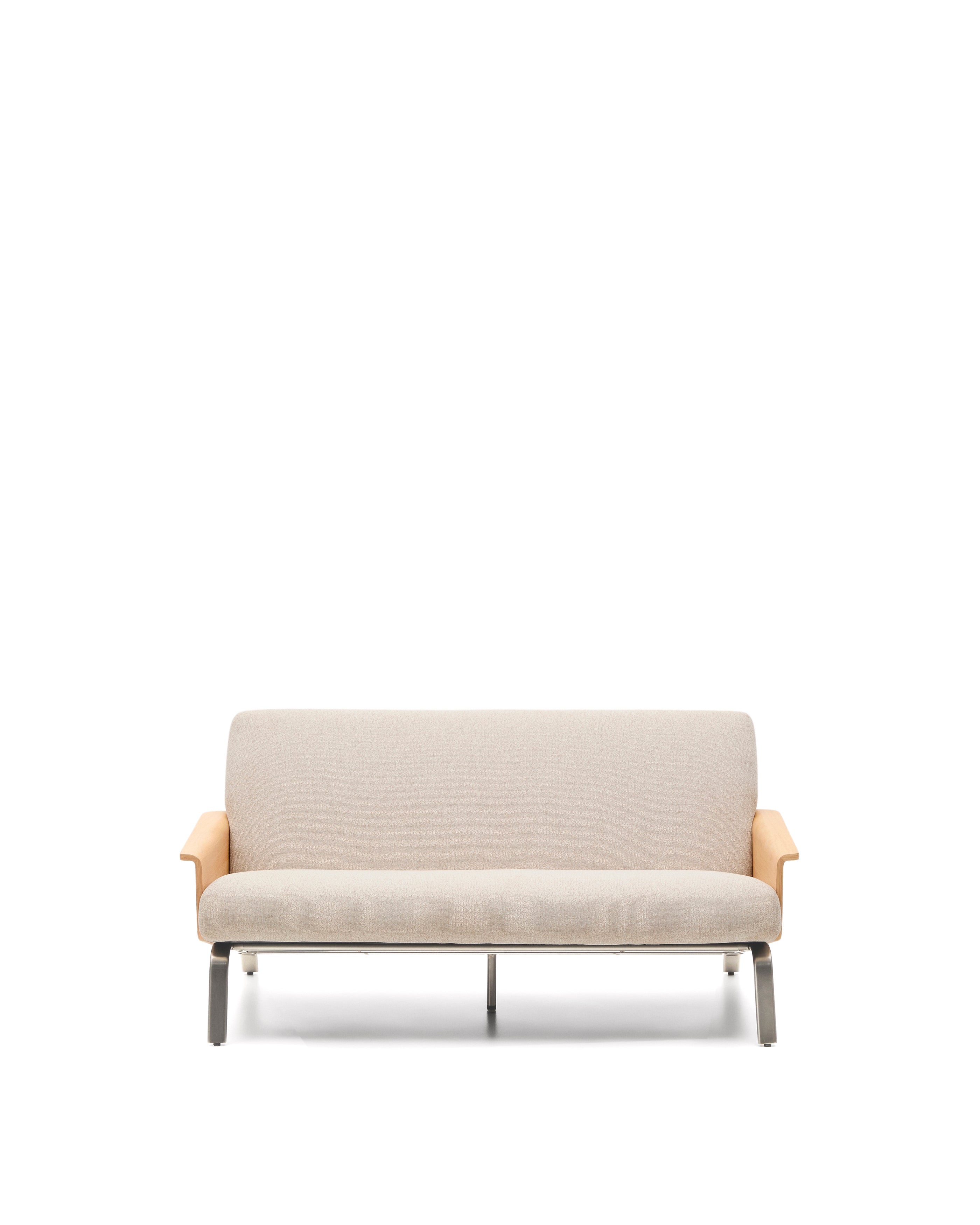 Amsen beige 2-seater sofa in oak plywood with brushed stainless steel legs 150cm - Product Image