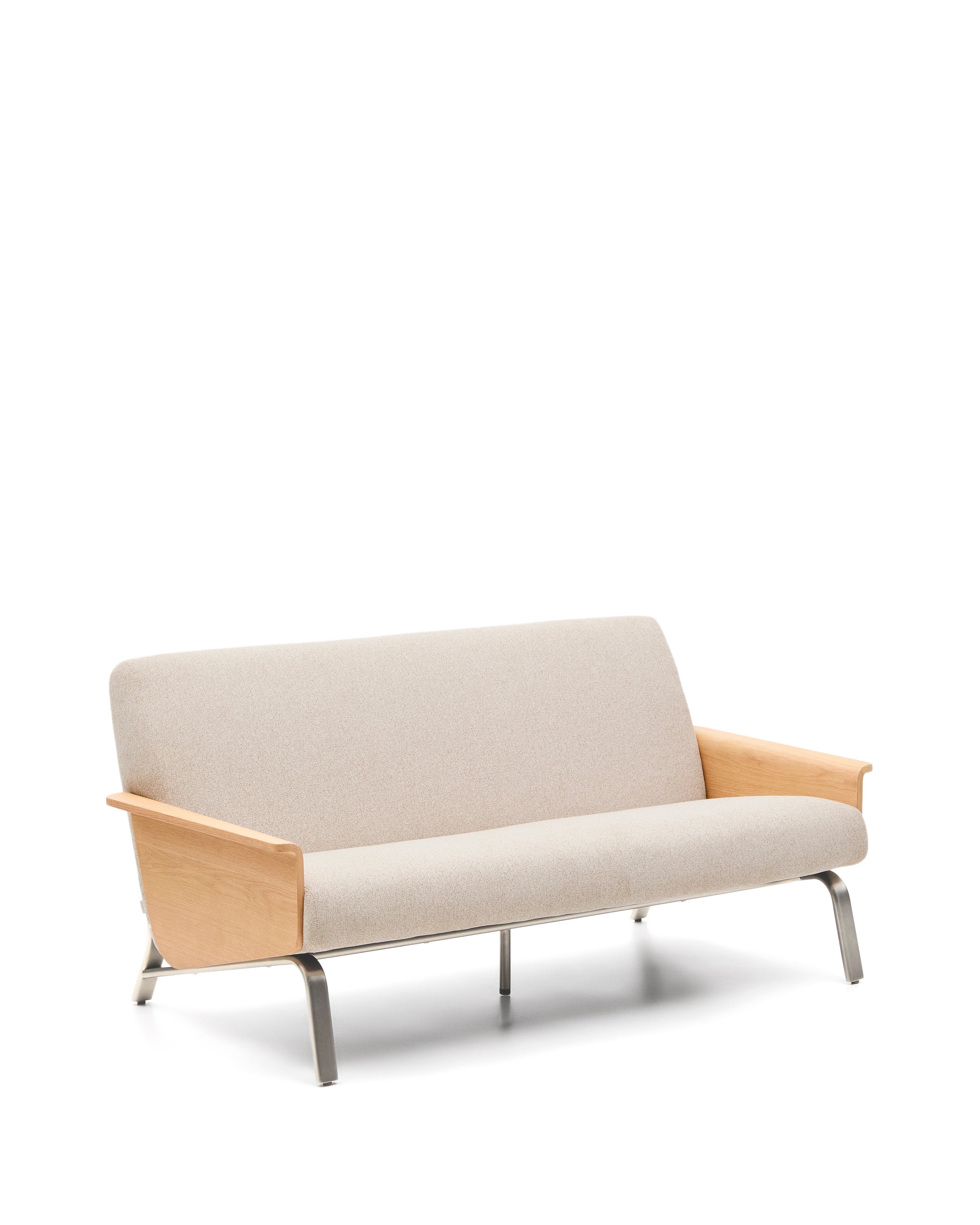 Amsen beige 2-seater sofa in oak plywood with brushed stainless steel legs 150cm - Product Image