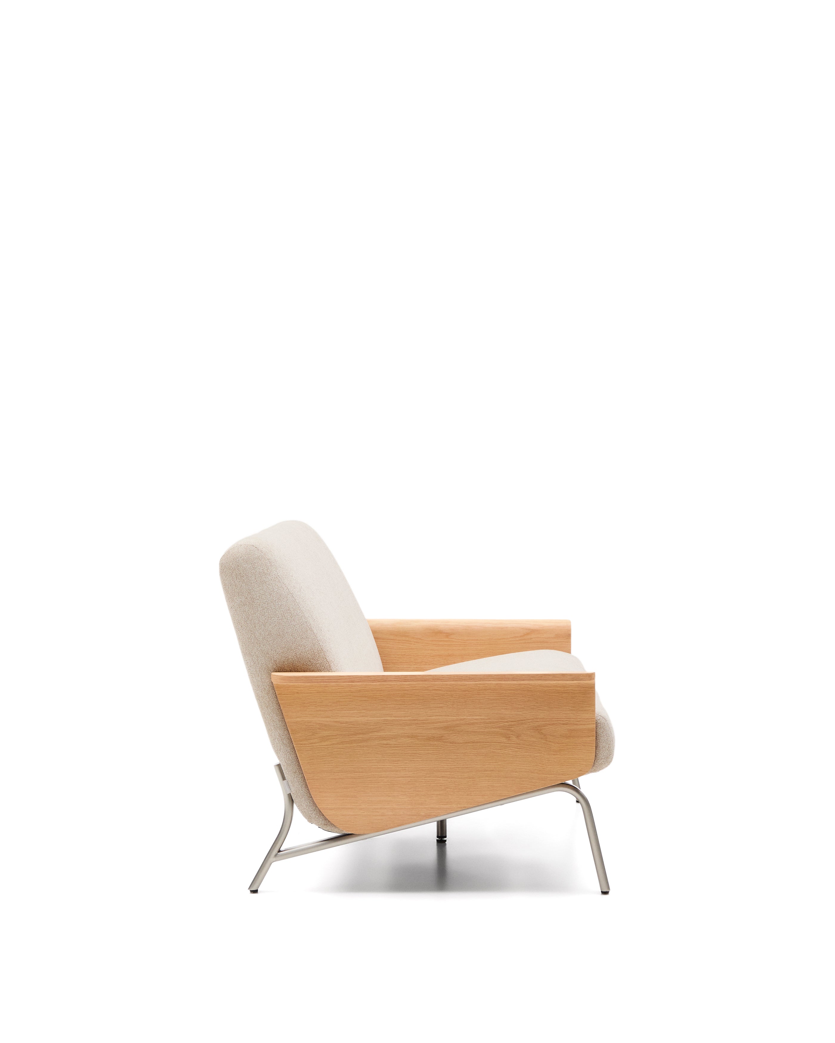 Amsen beige 2-seater sofa in oak plywood with brushed stainless steel legs 150cm - Product Image