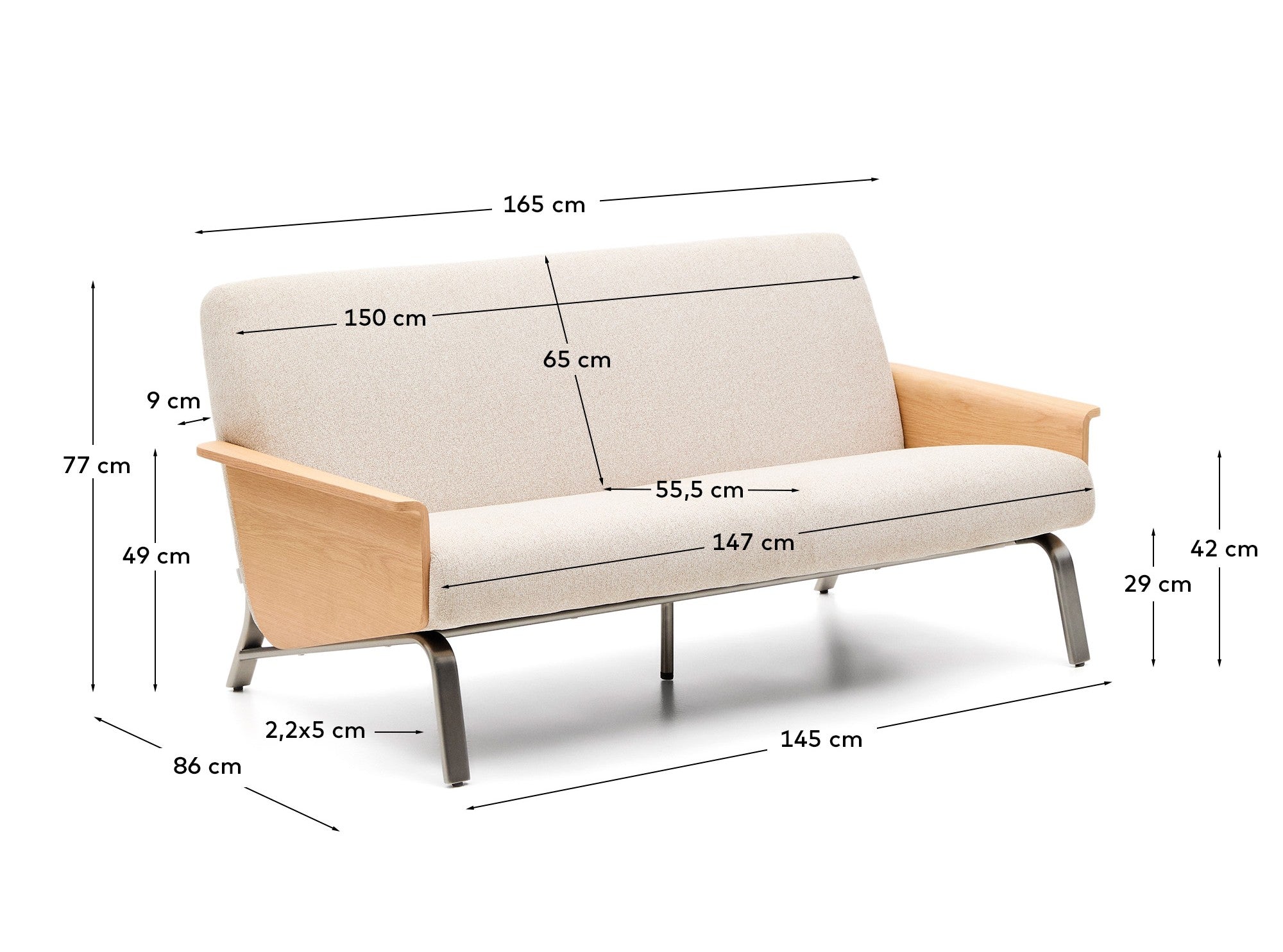 Amsen beige 2-seater sofa in oak plywood with brushed stainless steel legs 150cm - Measurements