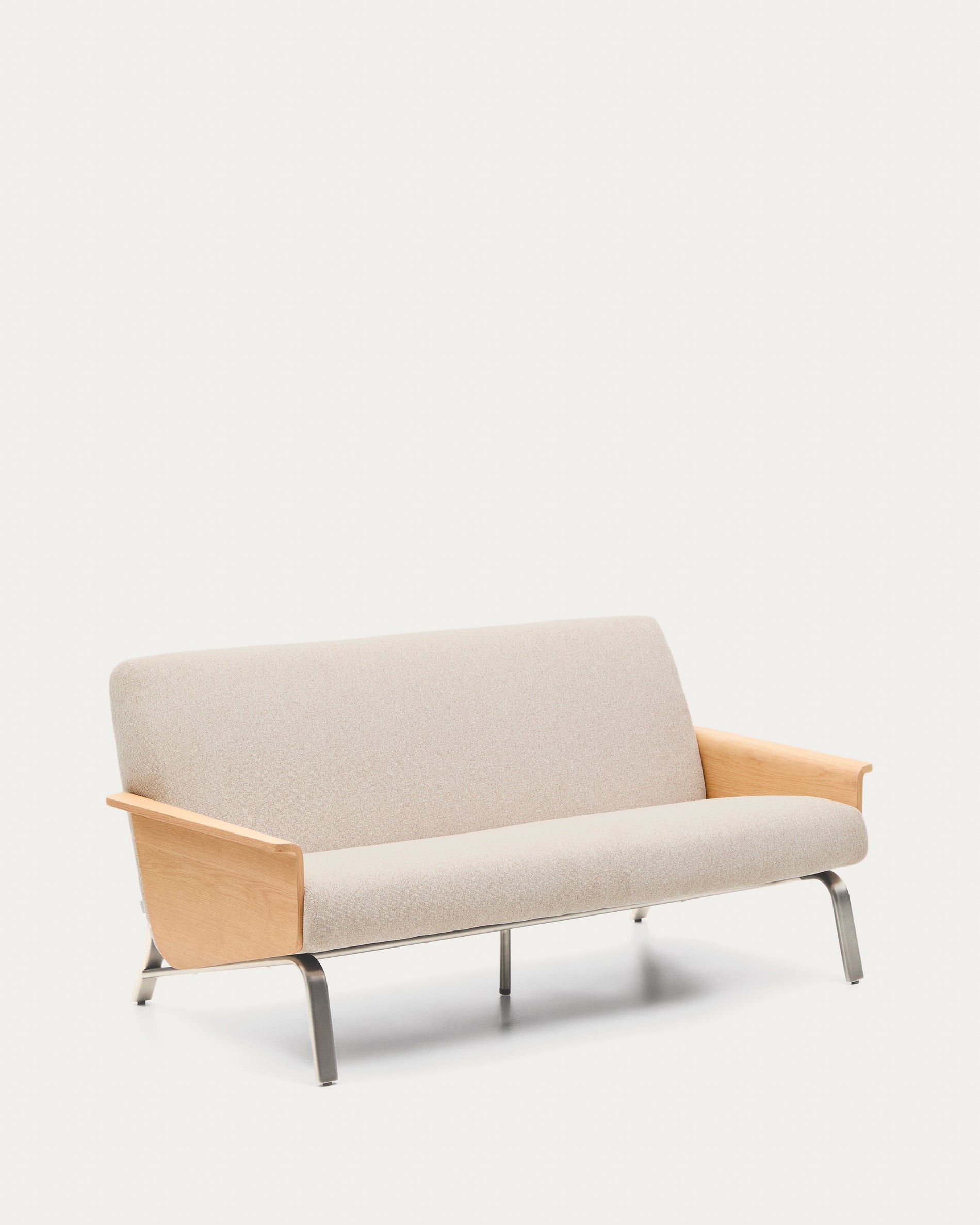 Amsen beige 2-seater sofa in oak plywood with brushed stainless steel legs 150cm - Product View