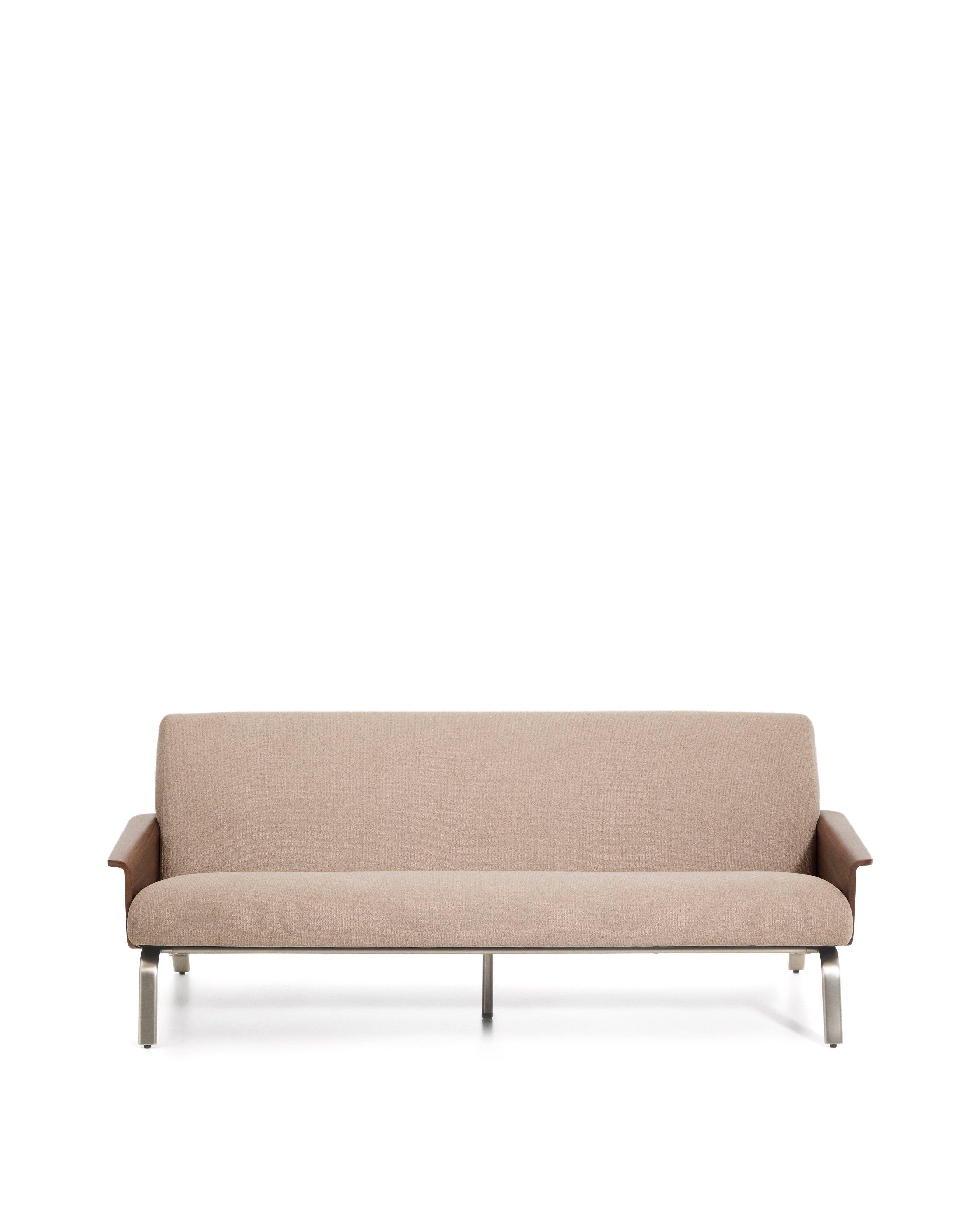 Amsen light brown 3-seater sofa in walnut plywood with brushed stainless steel legs 190cm - Product Image