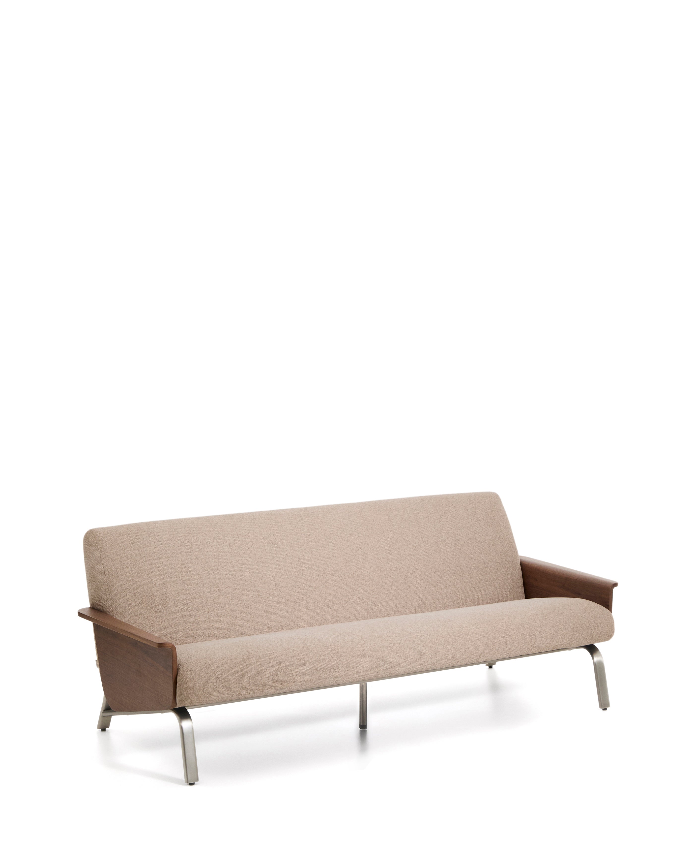 Amsen light brown 3-seater sofa in walnut plywood with brushed stainless steel legs 190cm - Product Image