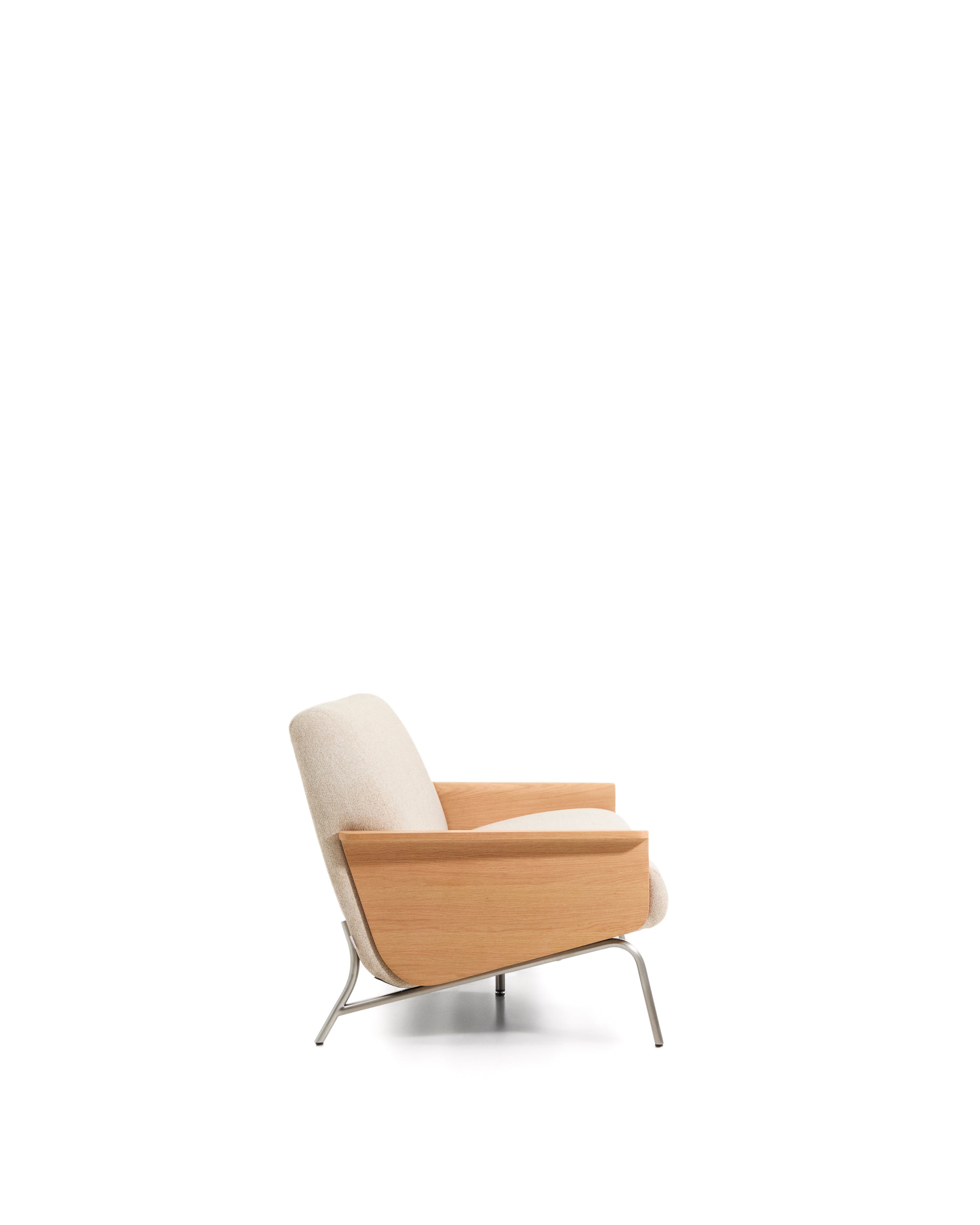 Amsen beige chenille 3-seater sofa in oak plywood with brushed stainless steel legs 190cm - Product Image