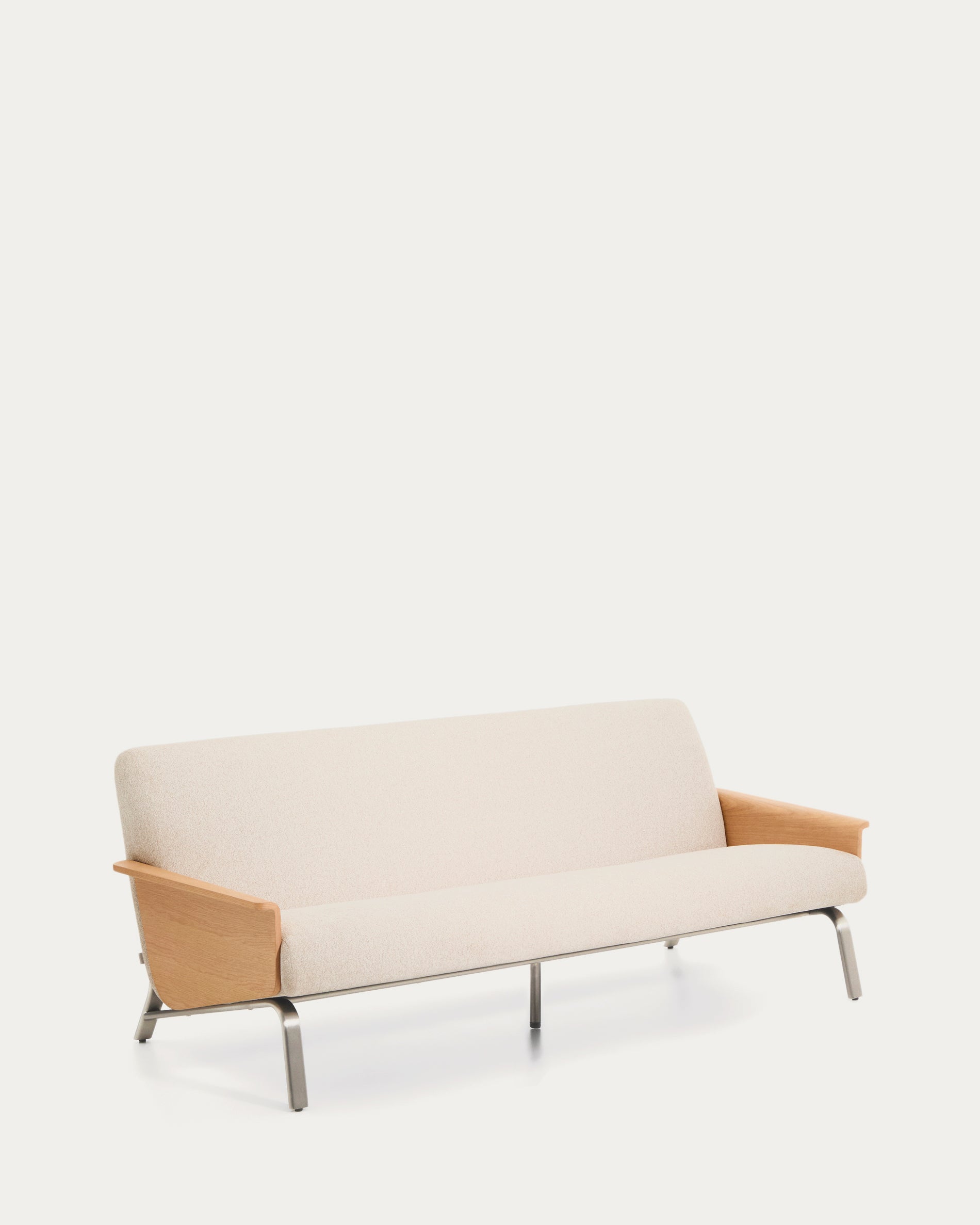 Amsen beige chenille 3-seater sofa in oak plywood with brushed stainless steel legs 190cm - Product View