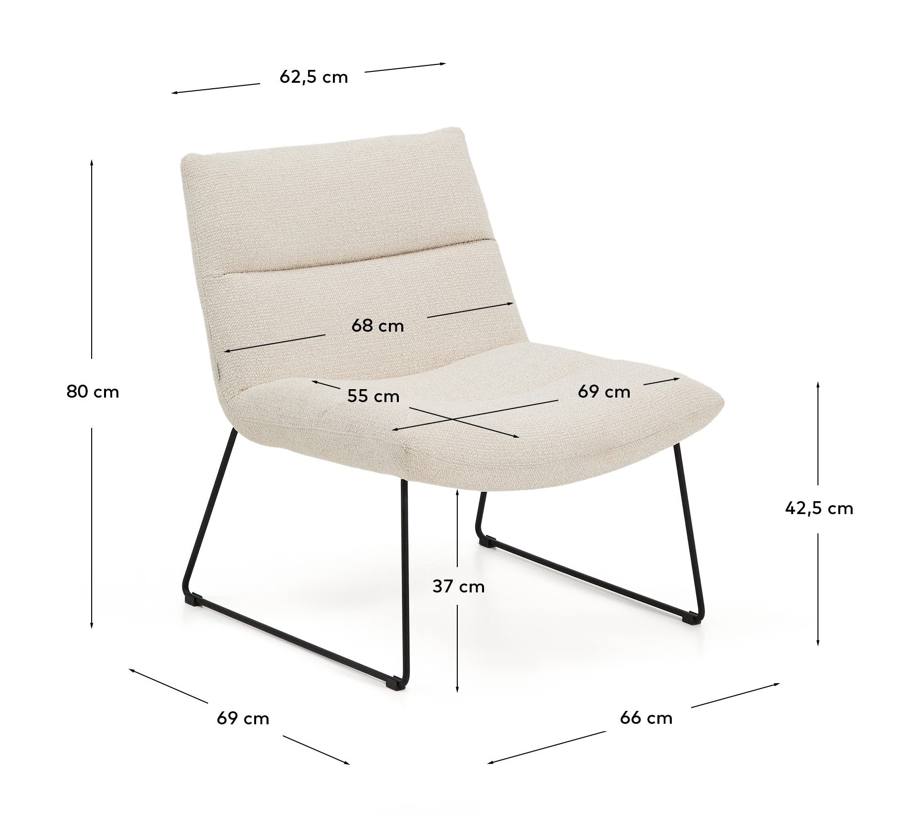 Asen beige chenille armchair with black steel legs FSC 100% - Measurements