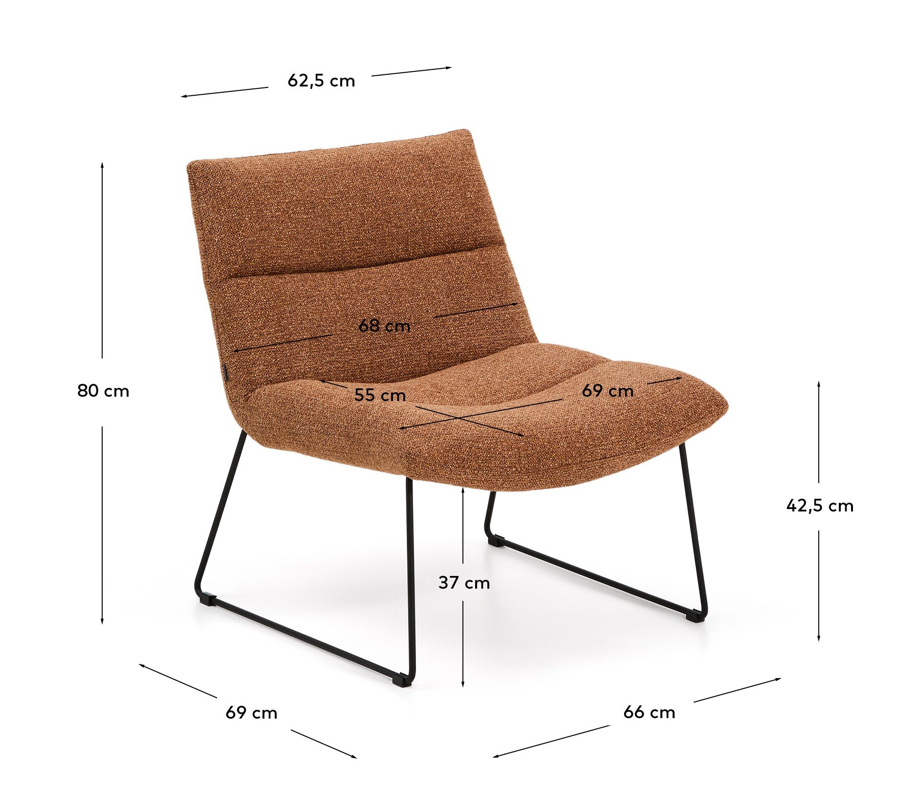 Asen terracotta chenille armchair with black steel legs FSC 100% - Measurements