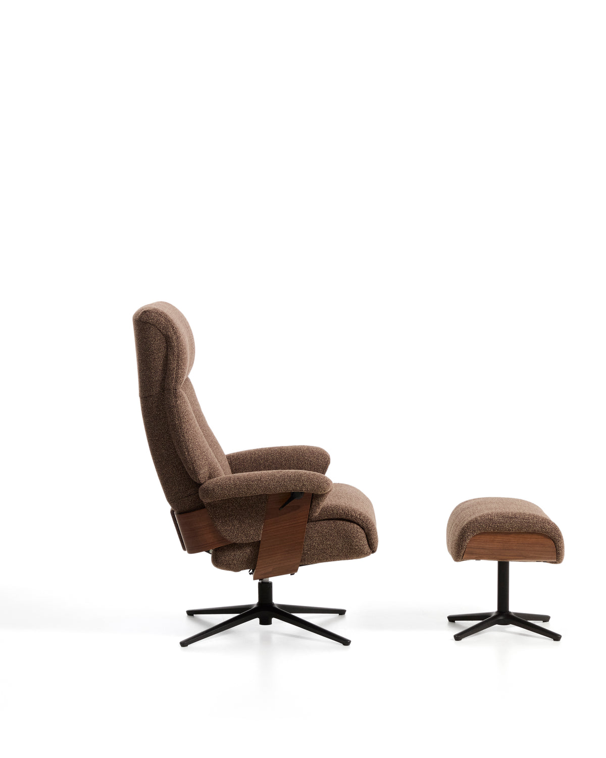 Toriel chocolate brown micro bouclé reclining swivel armchair with footrest and black-finish aluminium legs FSC Mix Credit - Product Image