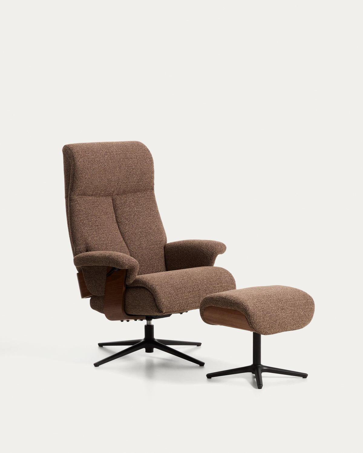 Toriel chocolate brown micro bouclé reclining swivel armchair with footrest and black-finish aluminium legs FSC Mix Credit - Product View