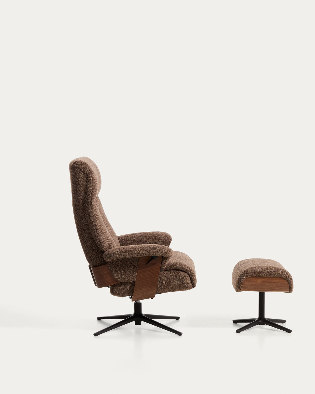 Toriel chocolate brown micro bouclé reclining swivel armchair with footrest and black-finish aluminium legs FSC Mix Credit - Product View