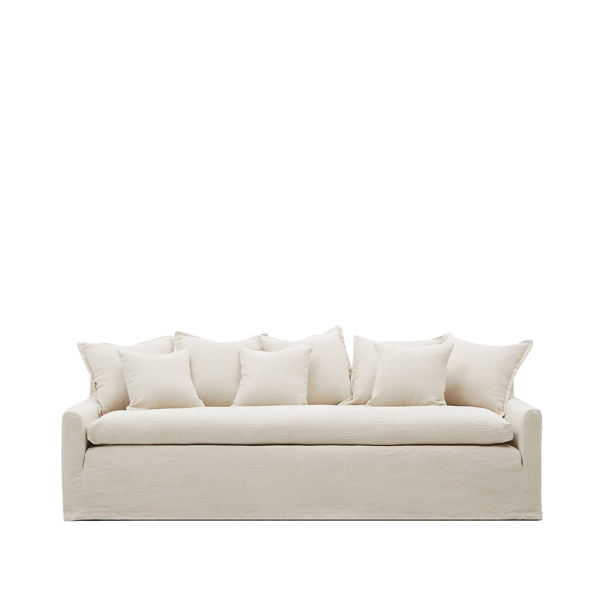 Zenira sofa with removable cover and beige cotton and linen cushions, 230 cm, 100% FSC