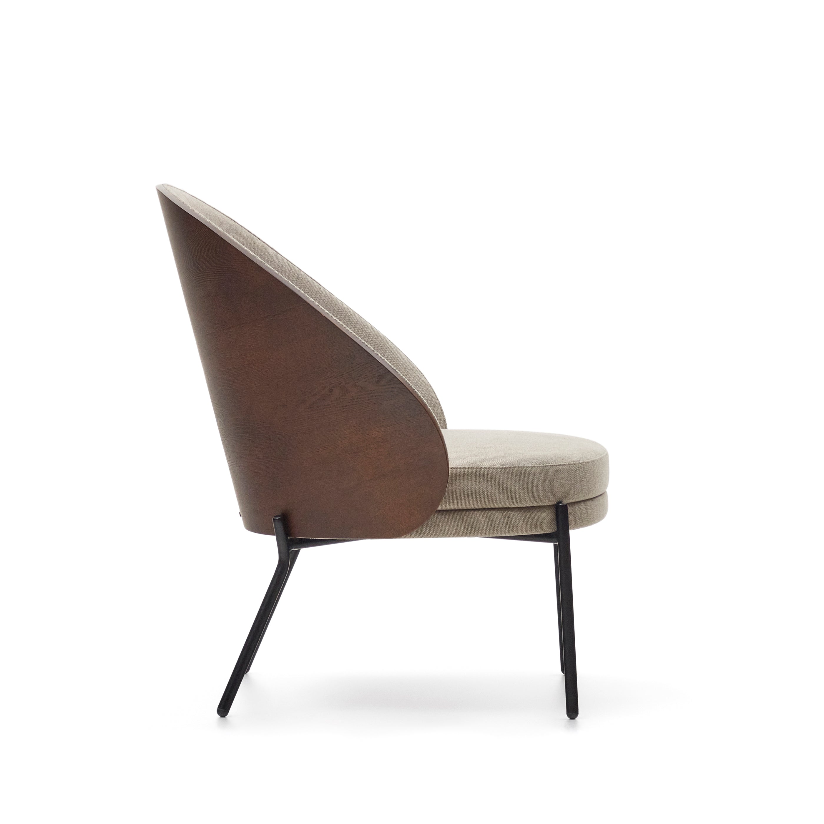 Eamy light brown armchair in an ash wood veneer with a walnut finish and black metal - Product Image