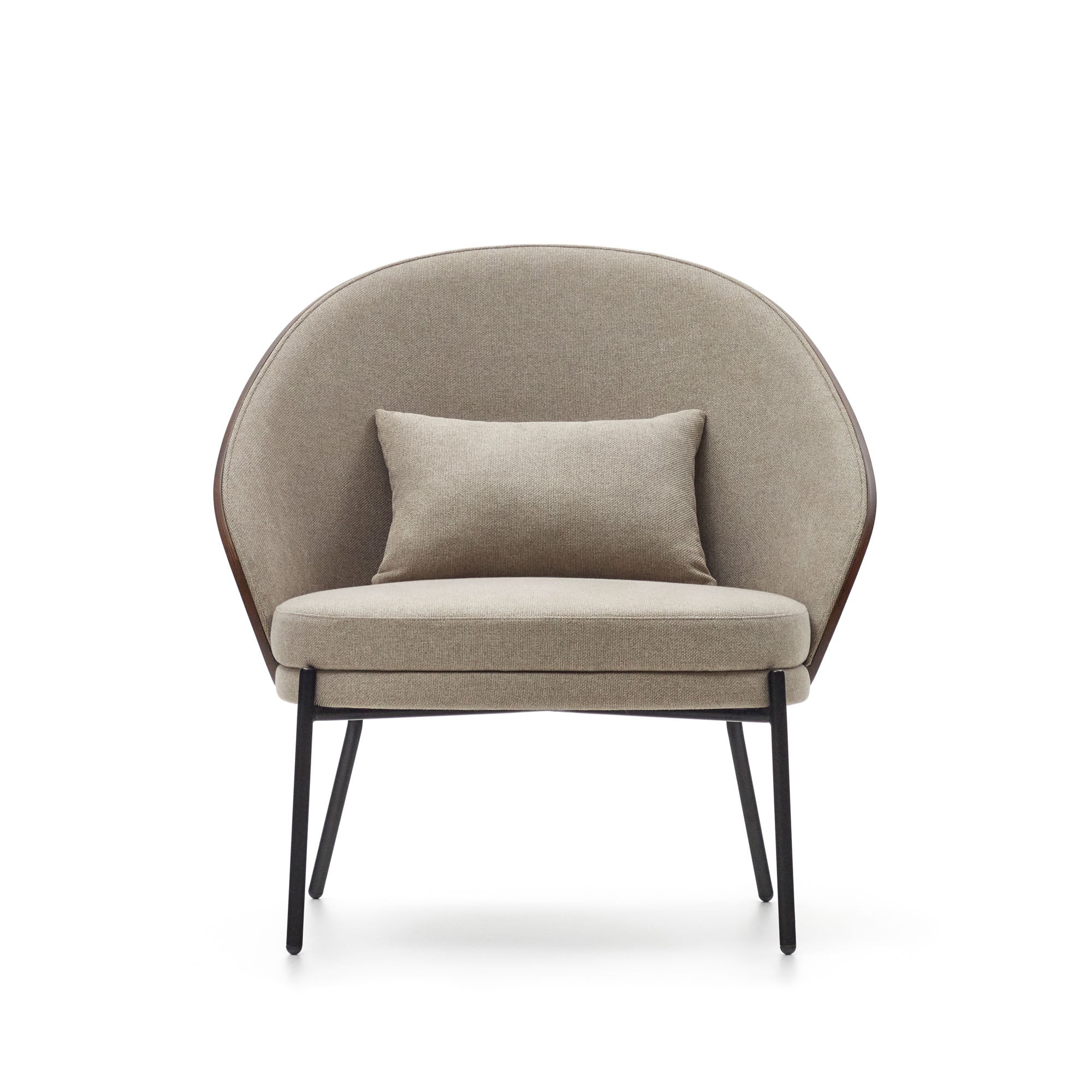 Eamy light brown armchair in an ash wood veneer with a walnut finish and black metal - Product Image