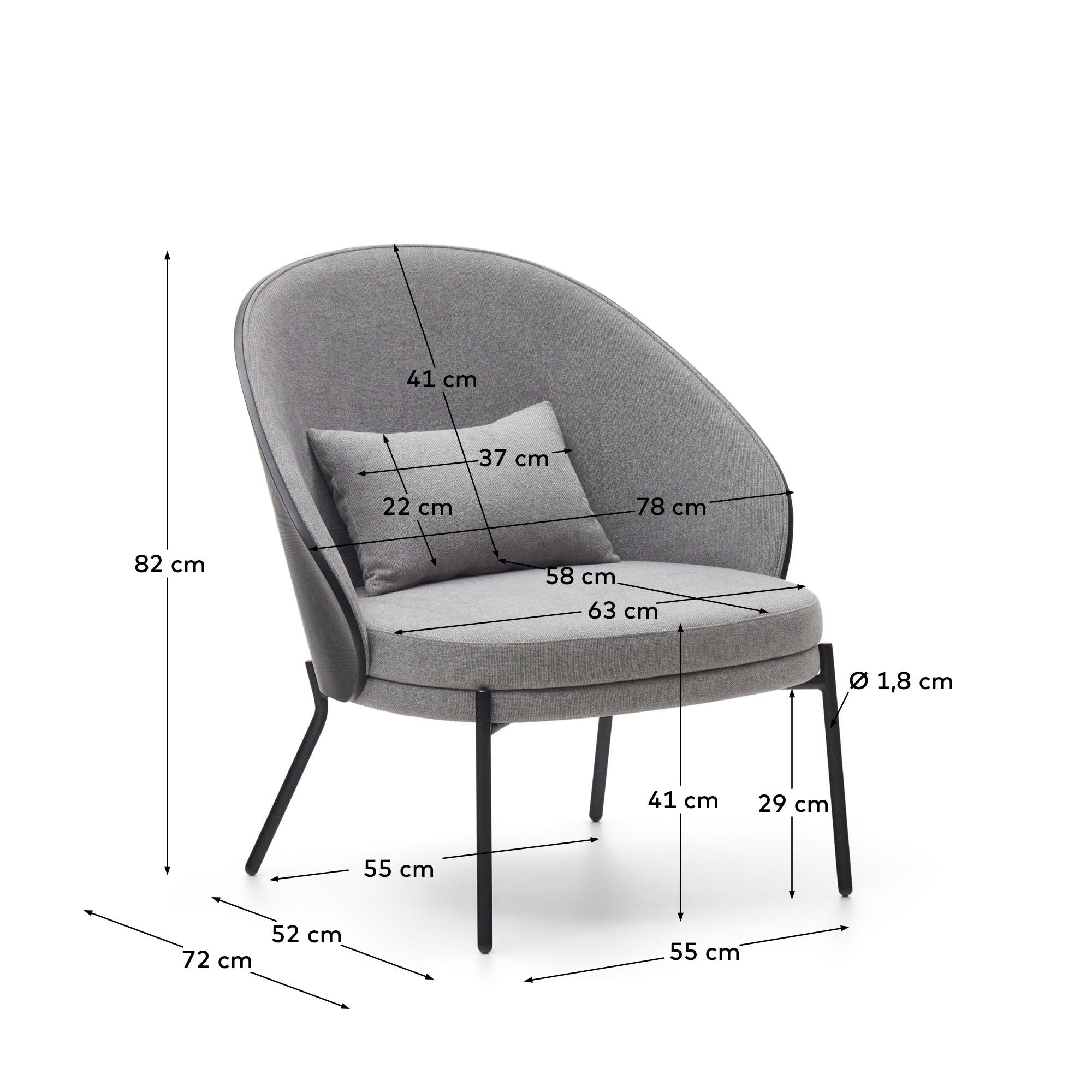Eamy light grey armchair in an ash wood veneer with a black finish and black metal - Measurements