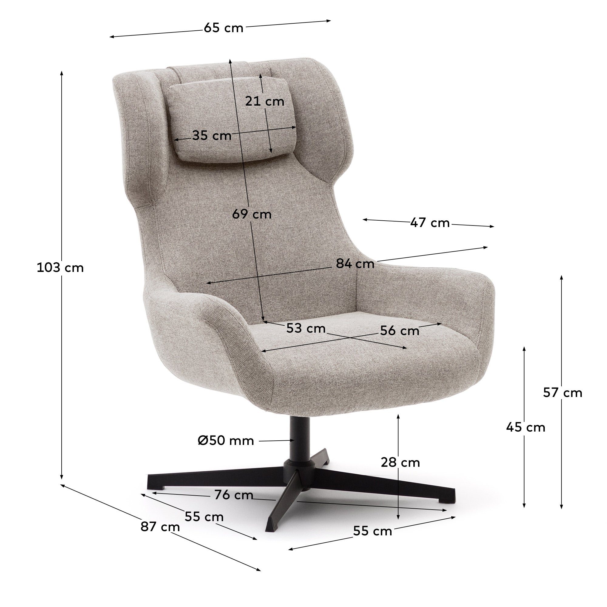 Zalina swivel armchair in beige chenille and steel with black finish FSC 100% - Measurements