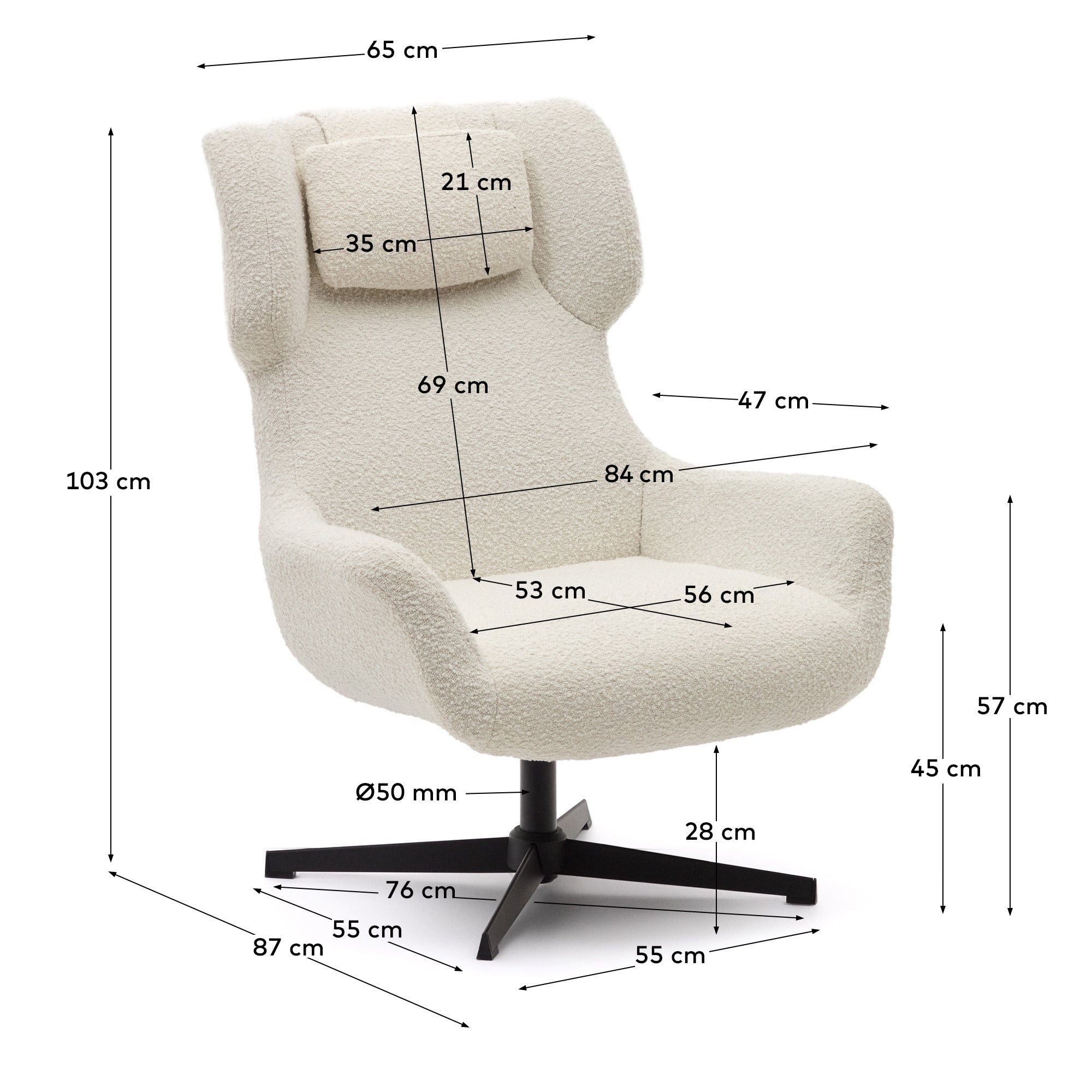 Zalina swivel armchair in white bouclé and steel with black finish FSC 100% - Measurements