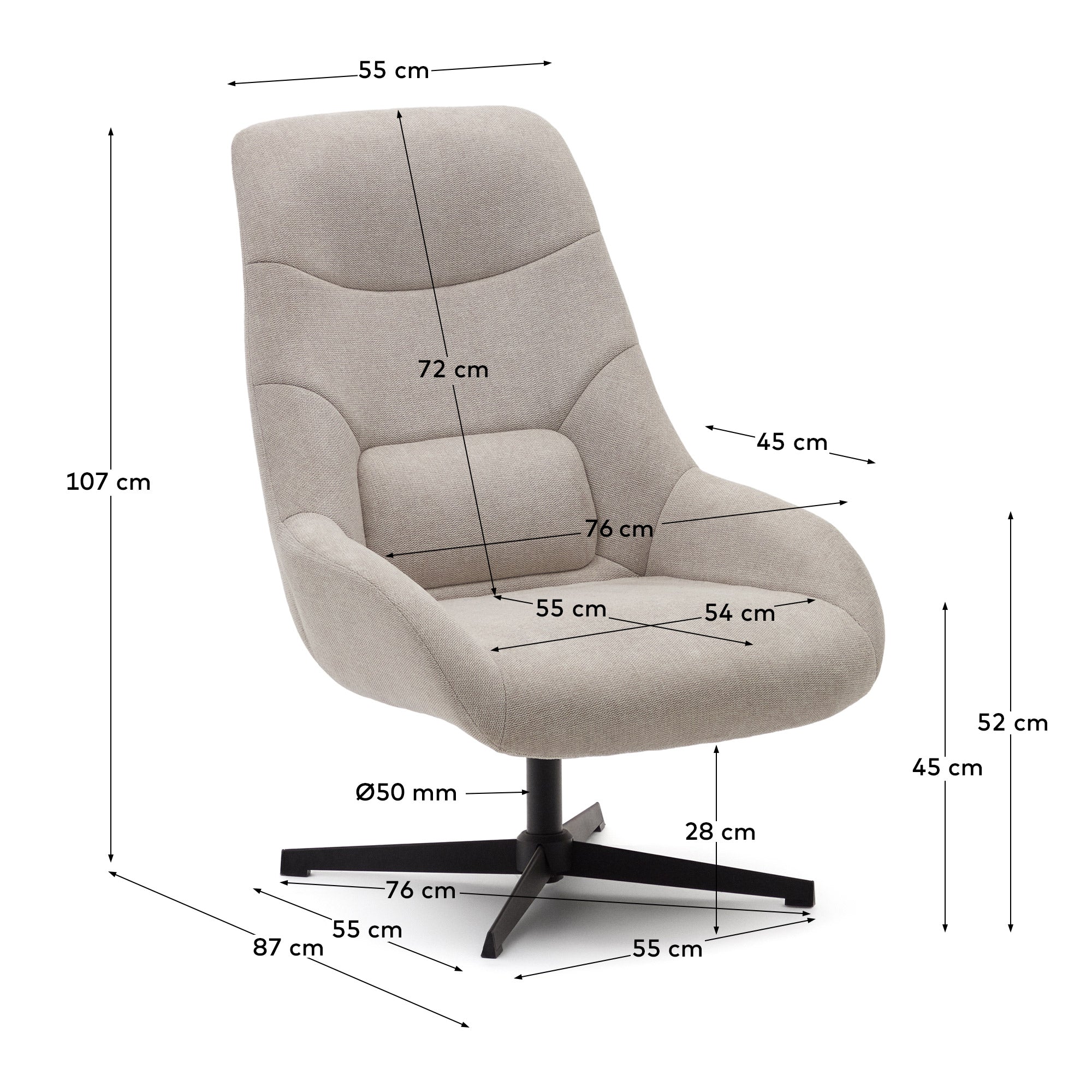 Celida swivel armchair in beige chenille and steel with black finish FSC 100% - Measurements