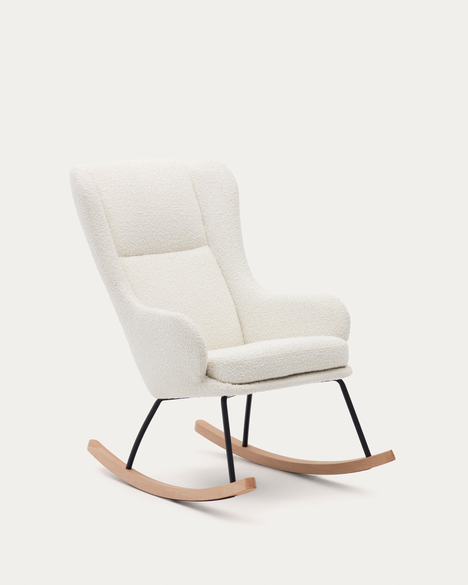 Maustin rocking chair in white bouclé with a black steel structure and beech wood - Product View
