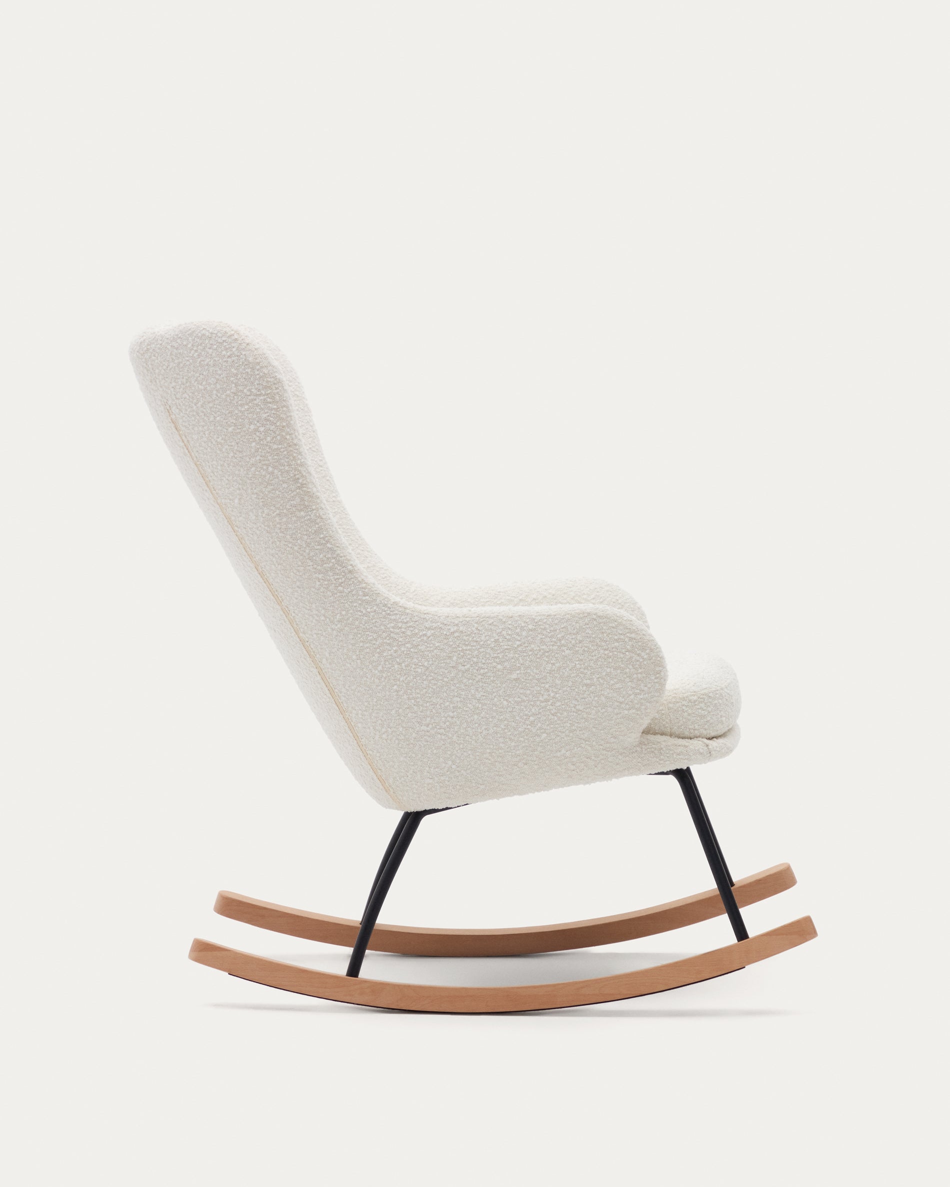 Maustin rocking chair in white bouclé with a black steel structure and beech wood - Product View