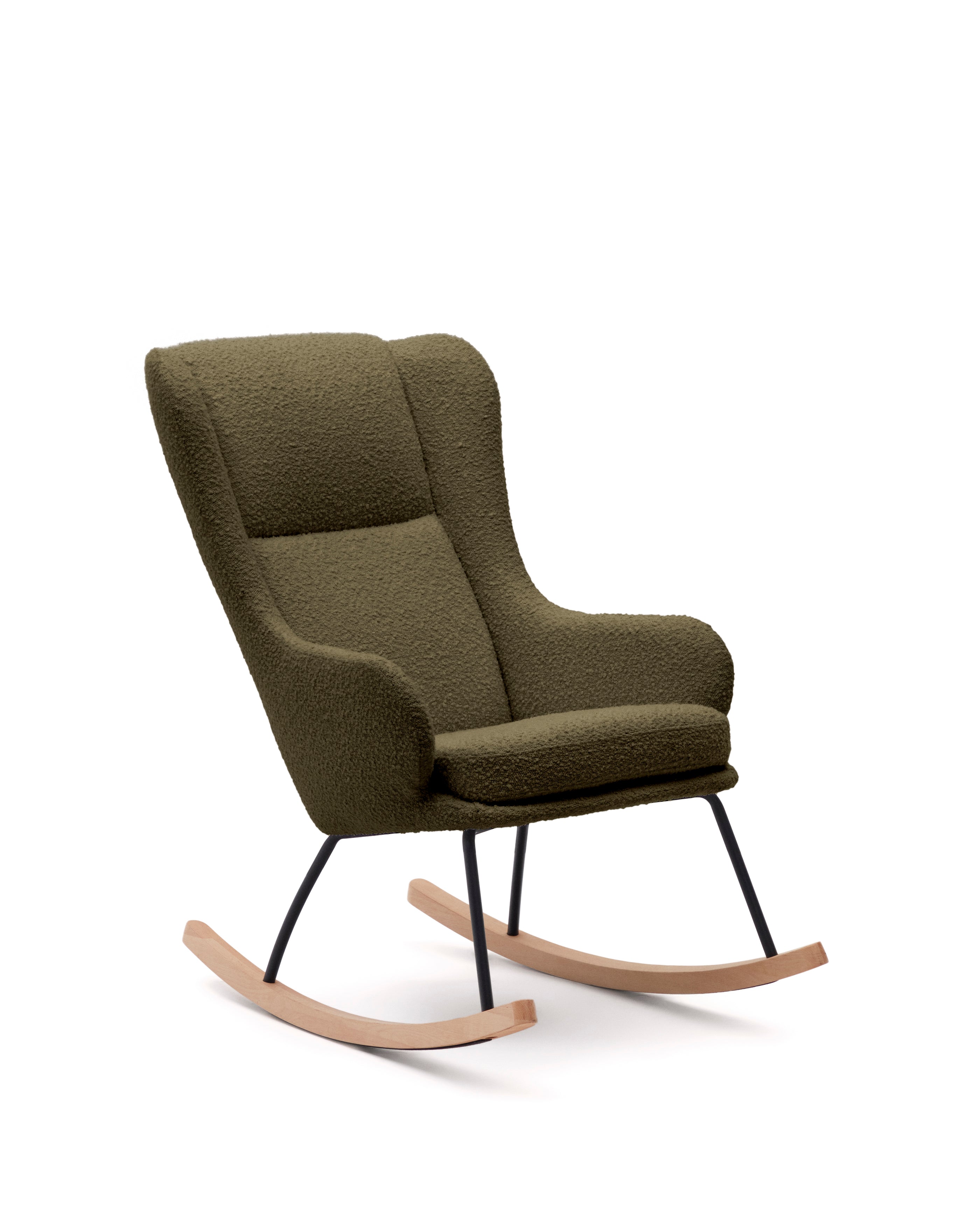 Maustin rocking chair in green bouclé with a dark green steel structure and beech wood - Product Image