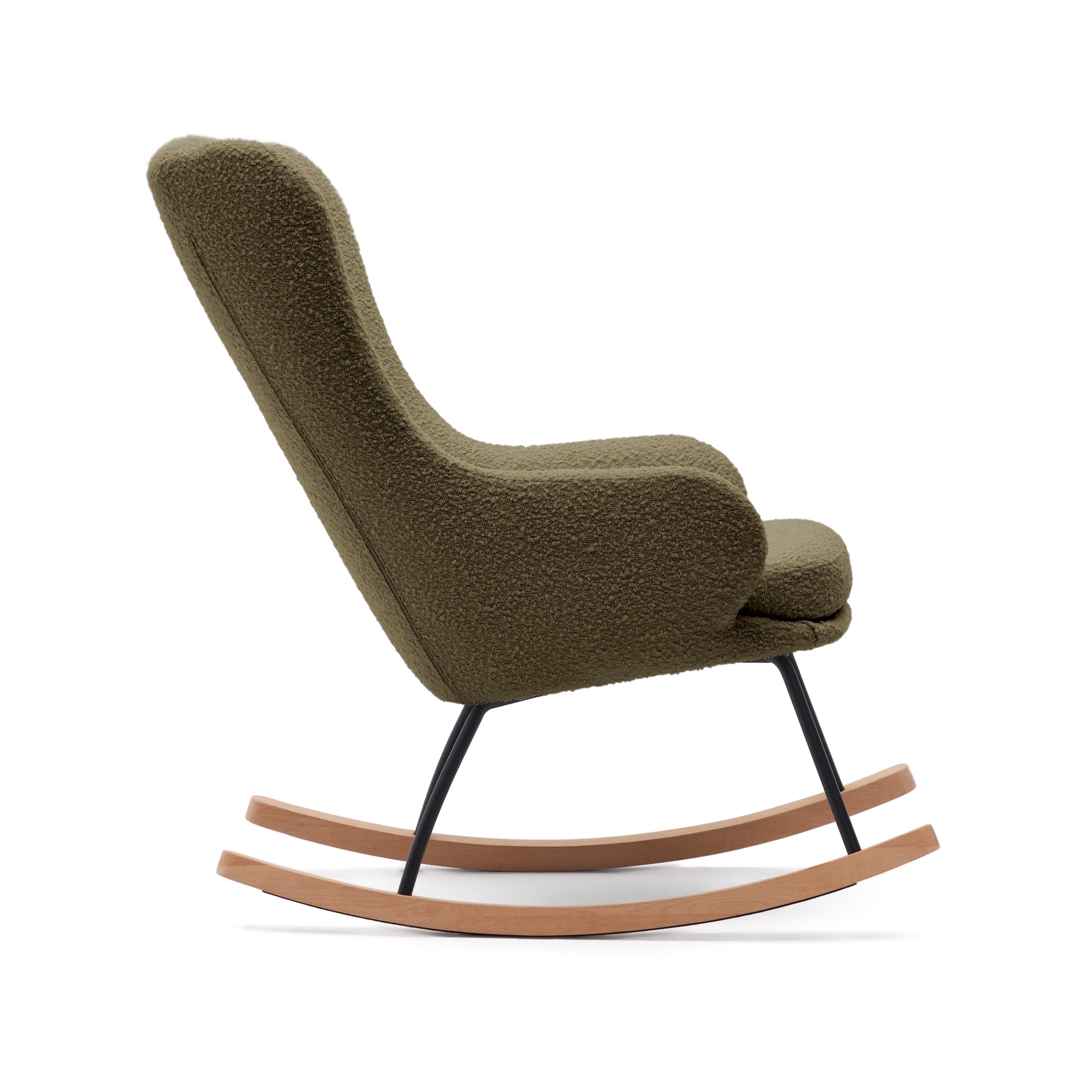 Maustin rocking chair in green bouclé with a dark green steel structure and beech wood - Product Image