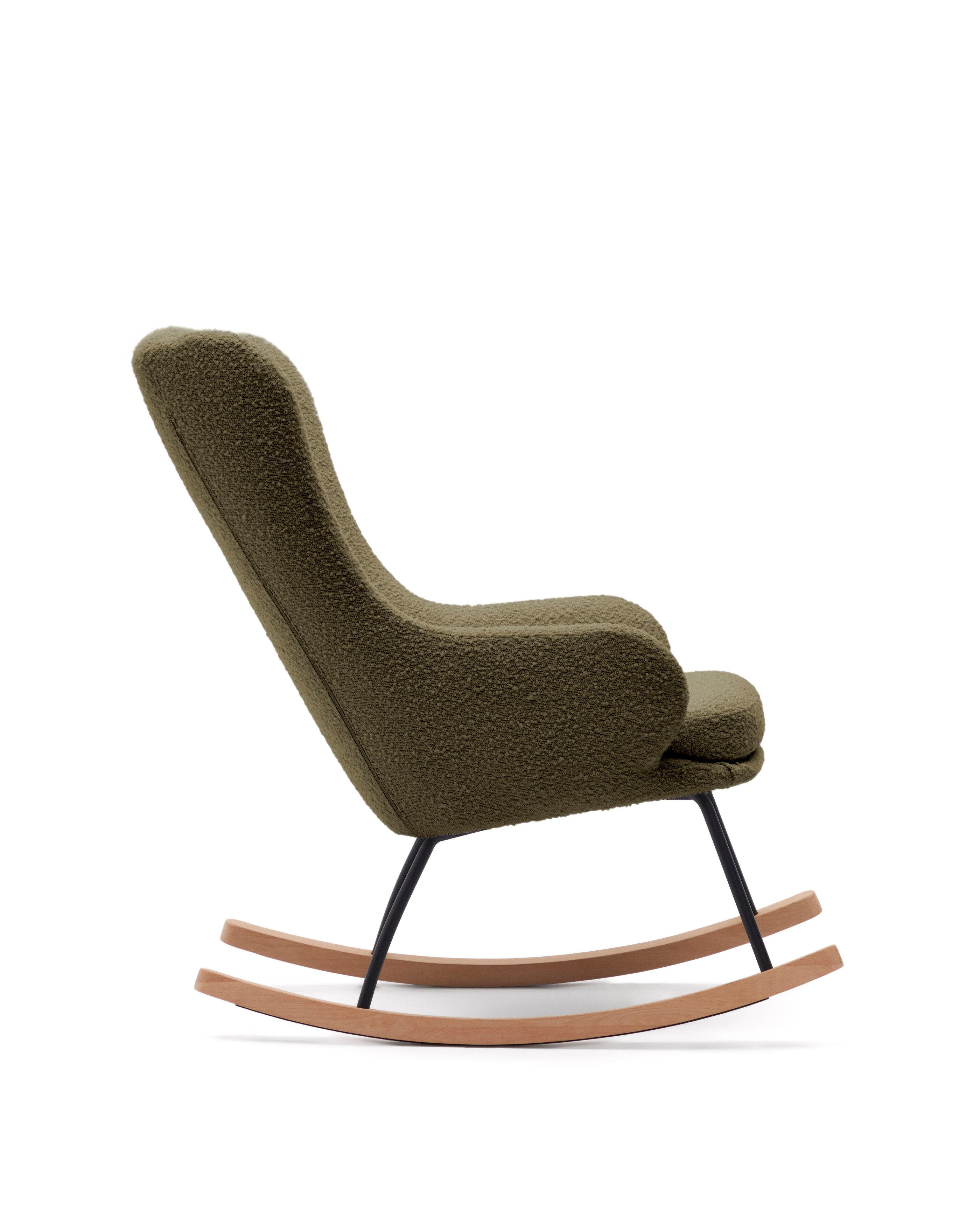 Maustin rocking chair in green bouclé with a dark green steel structure and beech wood - Product Image