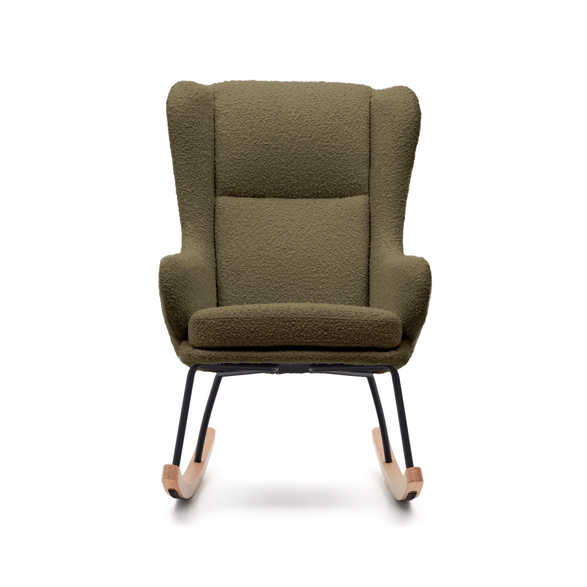 Maustin rocking chair in green bouclé with a dark green steel structure and beech wood - Product Image