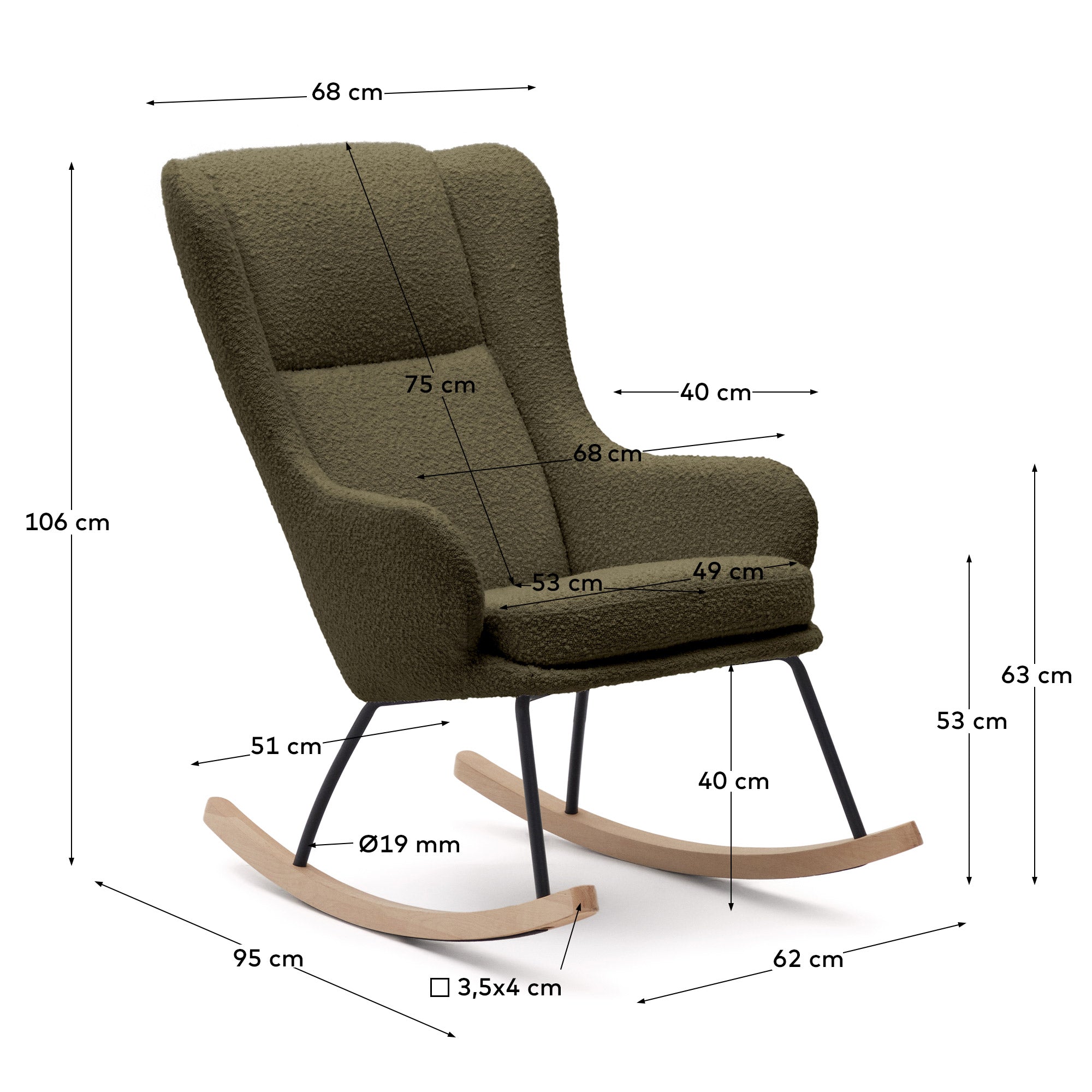 Maustin rocking chair in green bouclé with a dark green steel structure and beech wood - Measurements