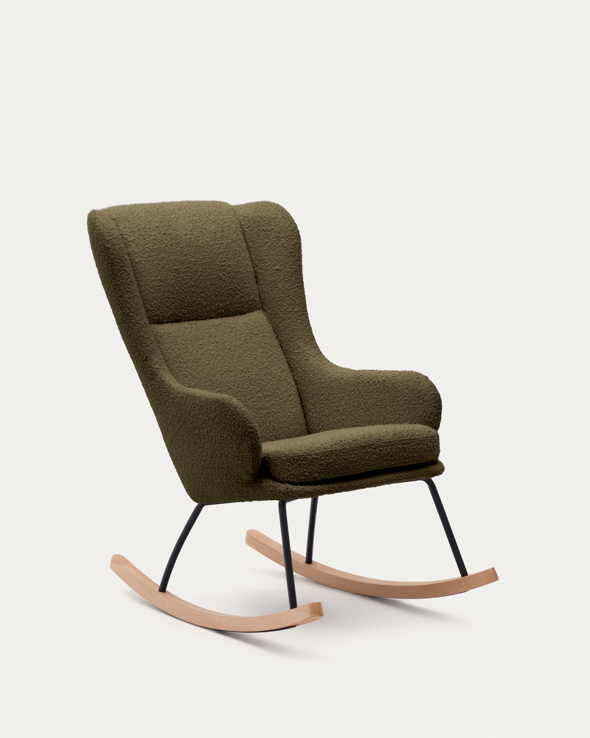 Maustin rocking chair in green bouclé with a dark green steel structure and beech wood - Product View