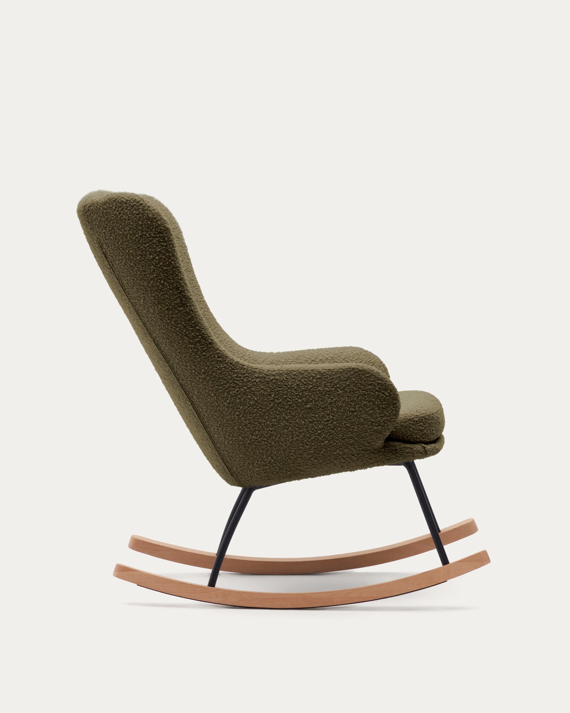 Maustin rocking chair in green bouclé with a dark green steel structure and beech wood - Product View