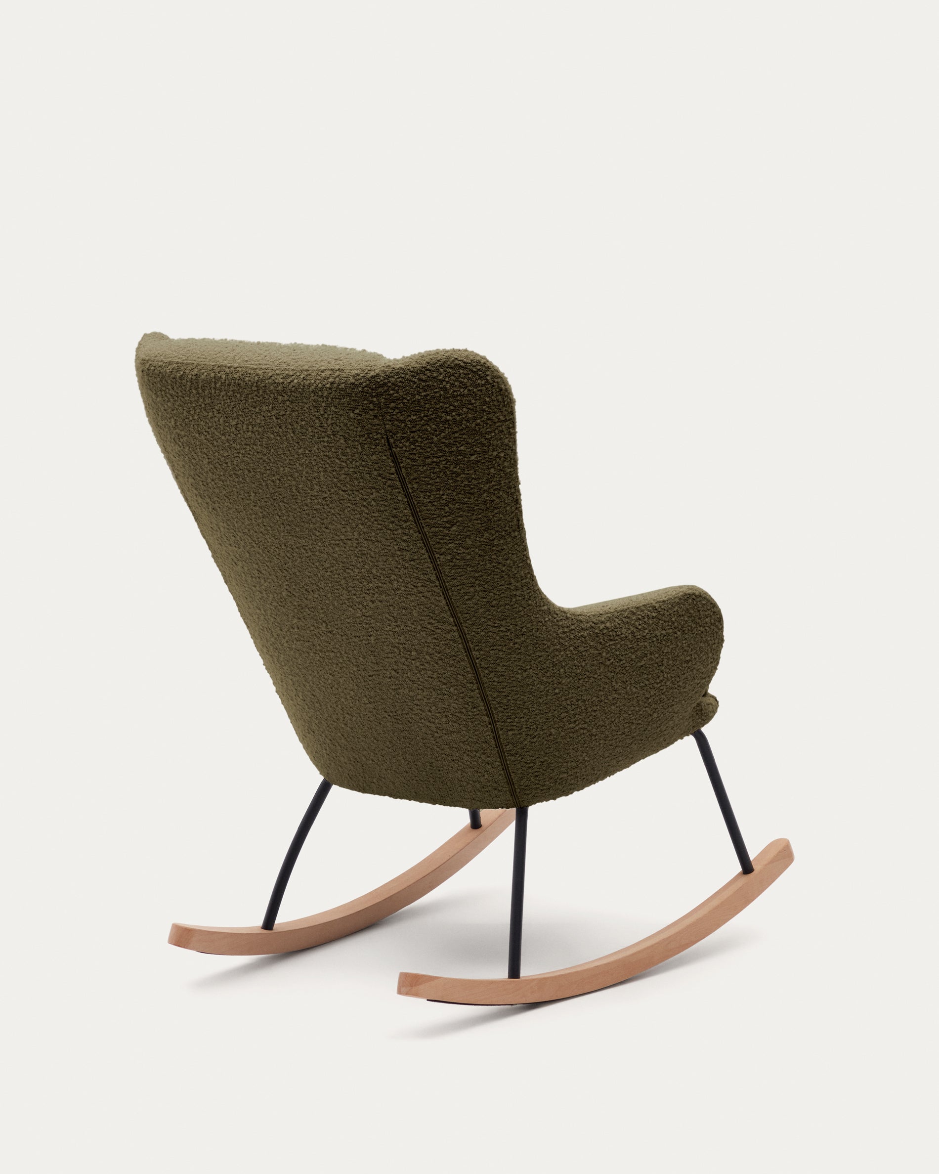 Maustin rocking chair in green bouclé with a dark green steel structure and beech wood - Product View