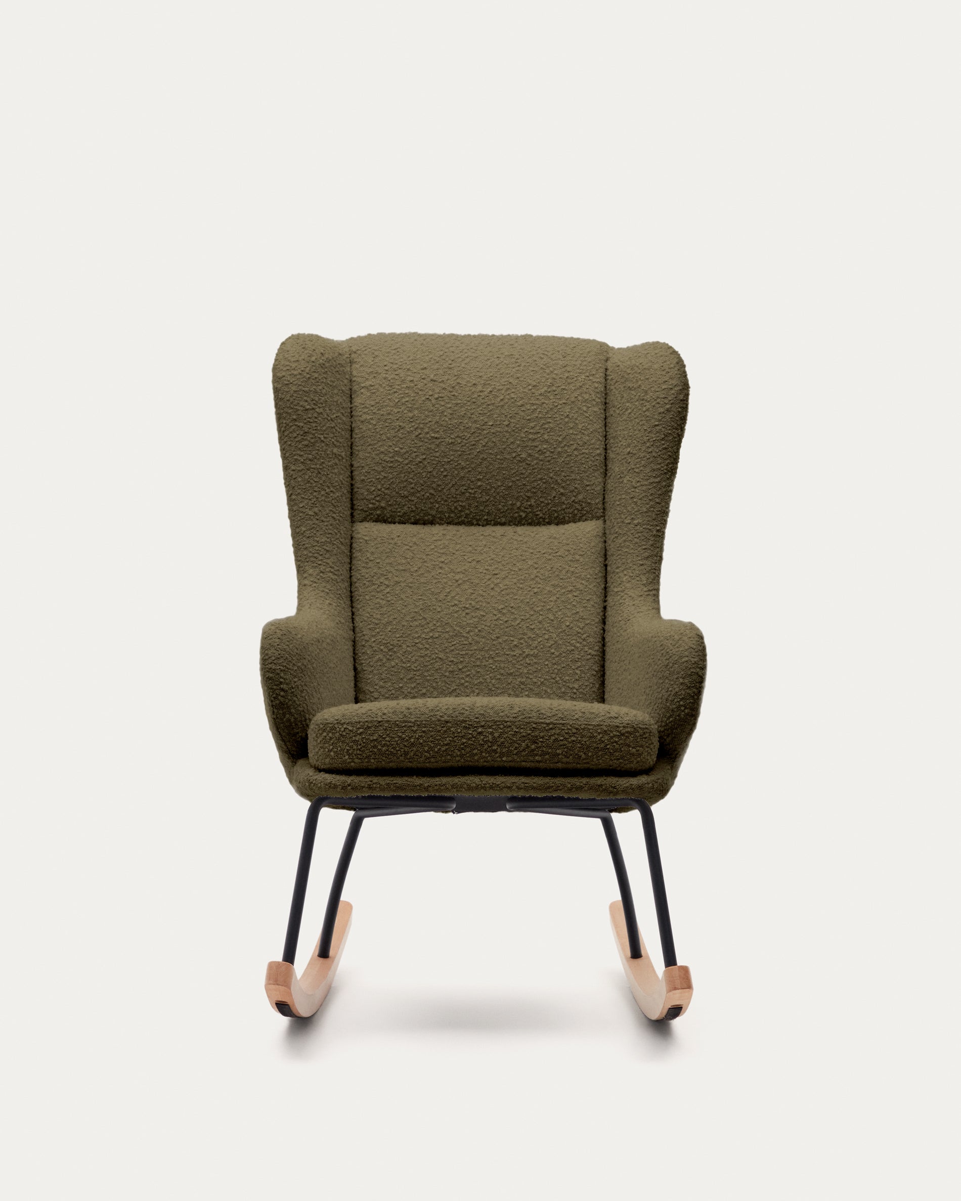 Maustin rocking chair in green bouclé with a dark green steel structure and beech wood - Product View