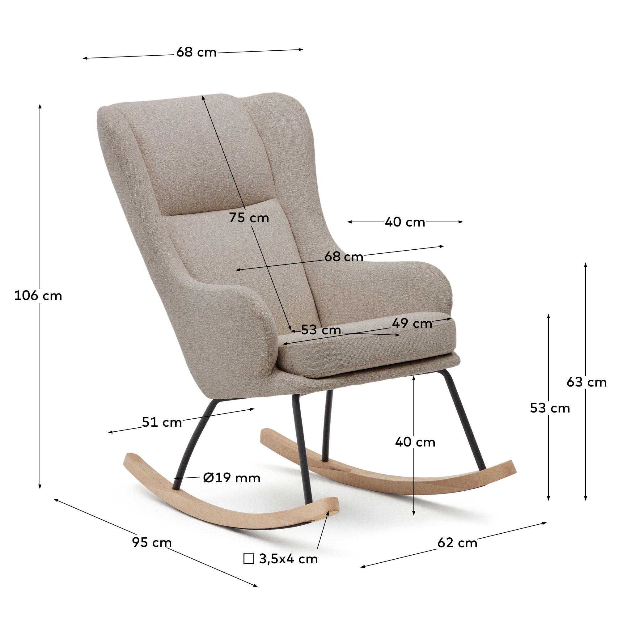 Maustin rocking chair in beige chenille with a black steel structure and beech wood - Measurements
