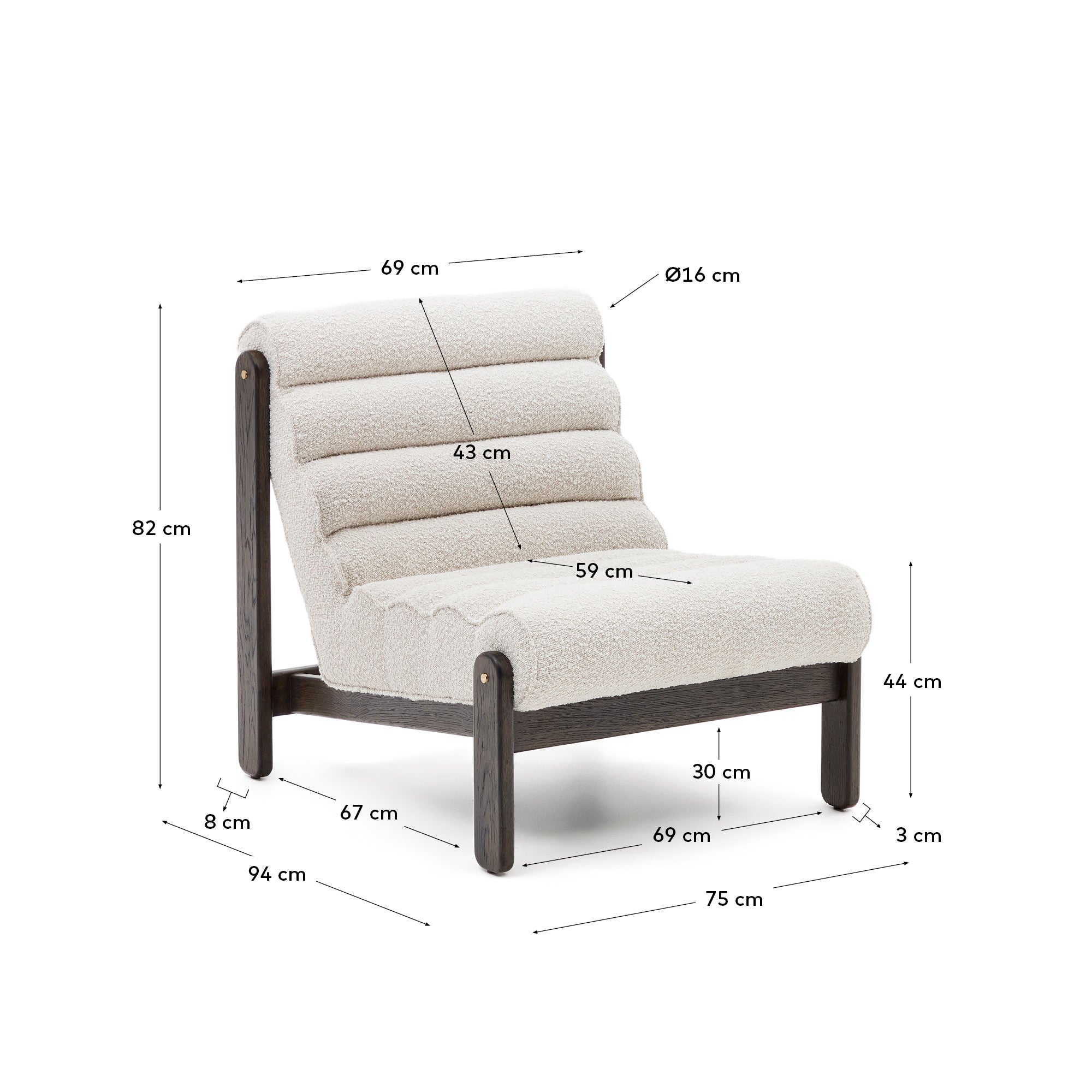 Magira armchair in white bouclé and solid oak wood with a dark finish - Measurements