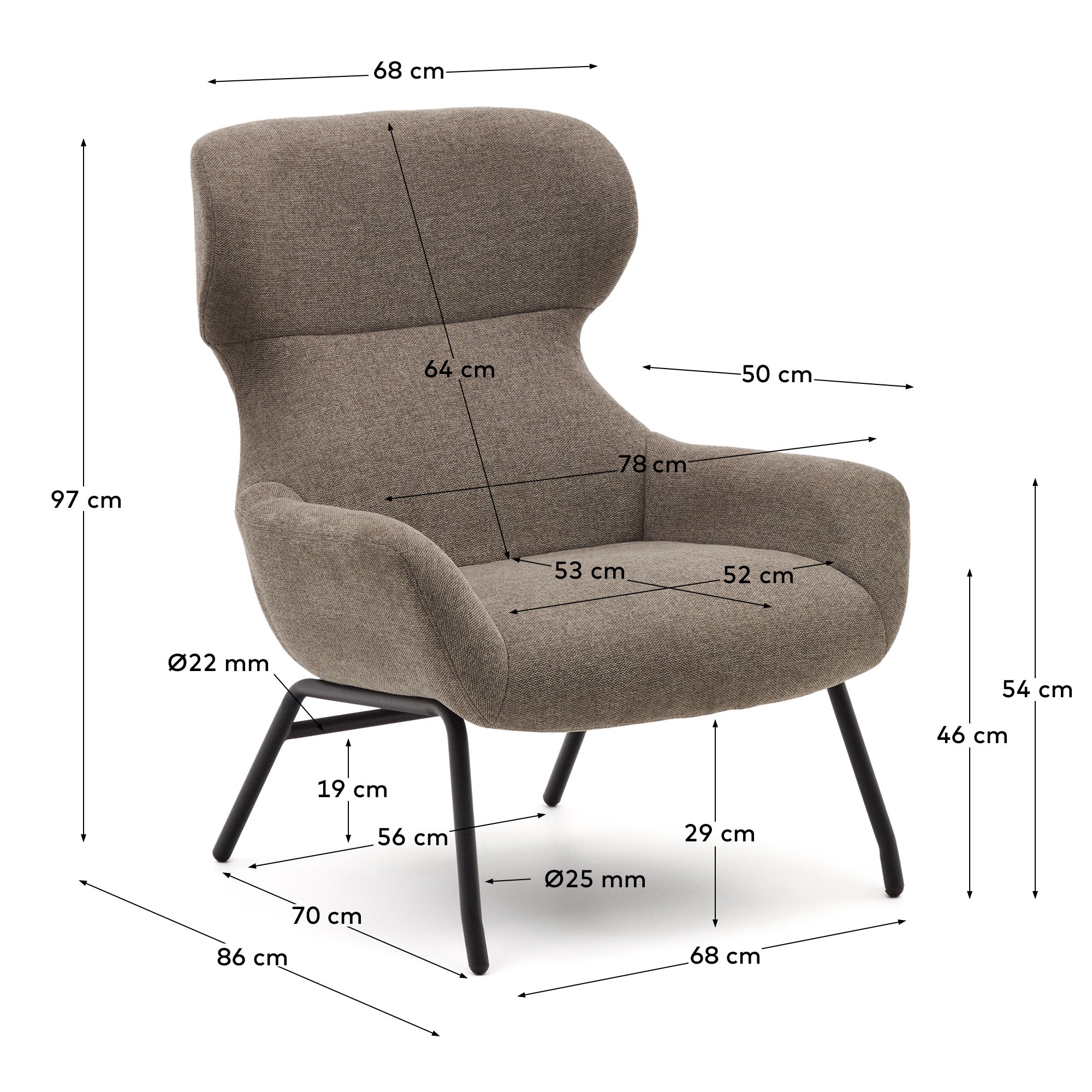 Belina chenille armchair in light brown and steel with black finish FSC 100% - Measurements