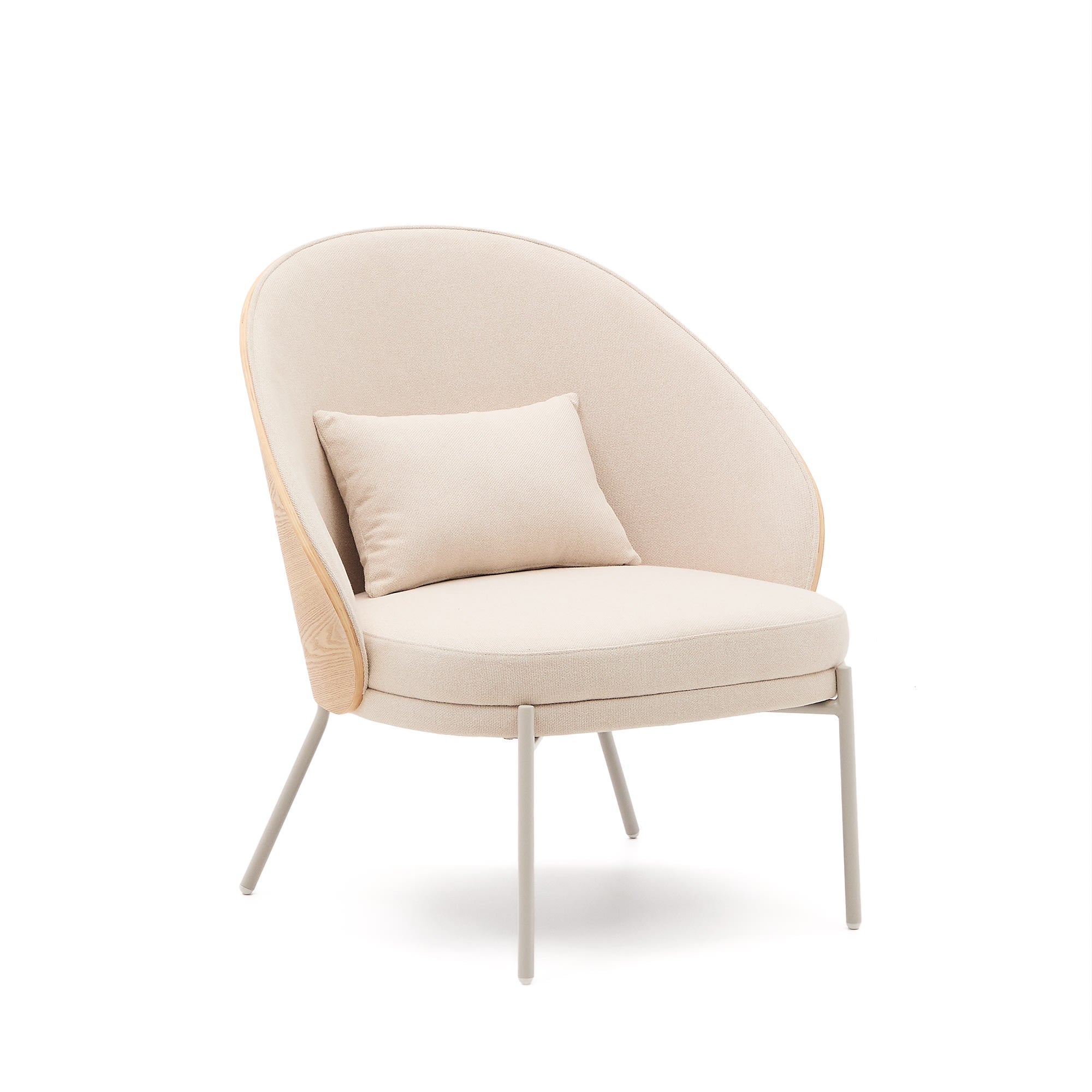 Eamy armchair in beige chenille with natural finish ash veneer and beige metal